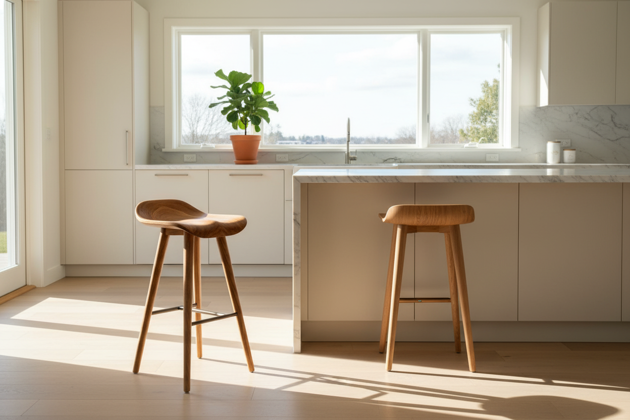 Modern kitchen with natural light featuring stylish wooden stool seating for home decor inspiration