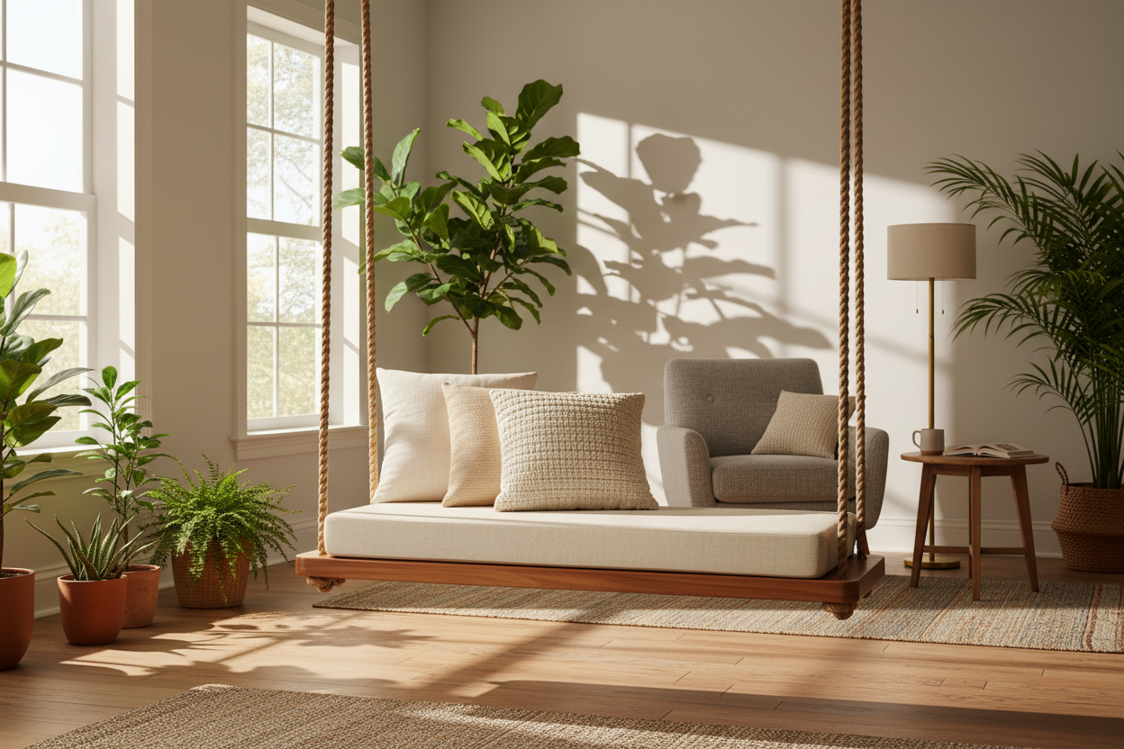 Modern living room featuring a cozy swing for home, perfect for relaxing and enhancing stylish decor