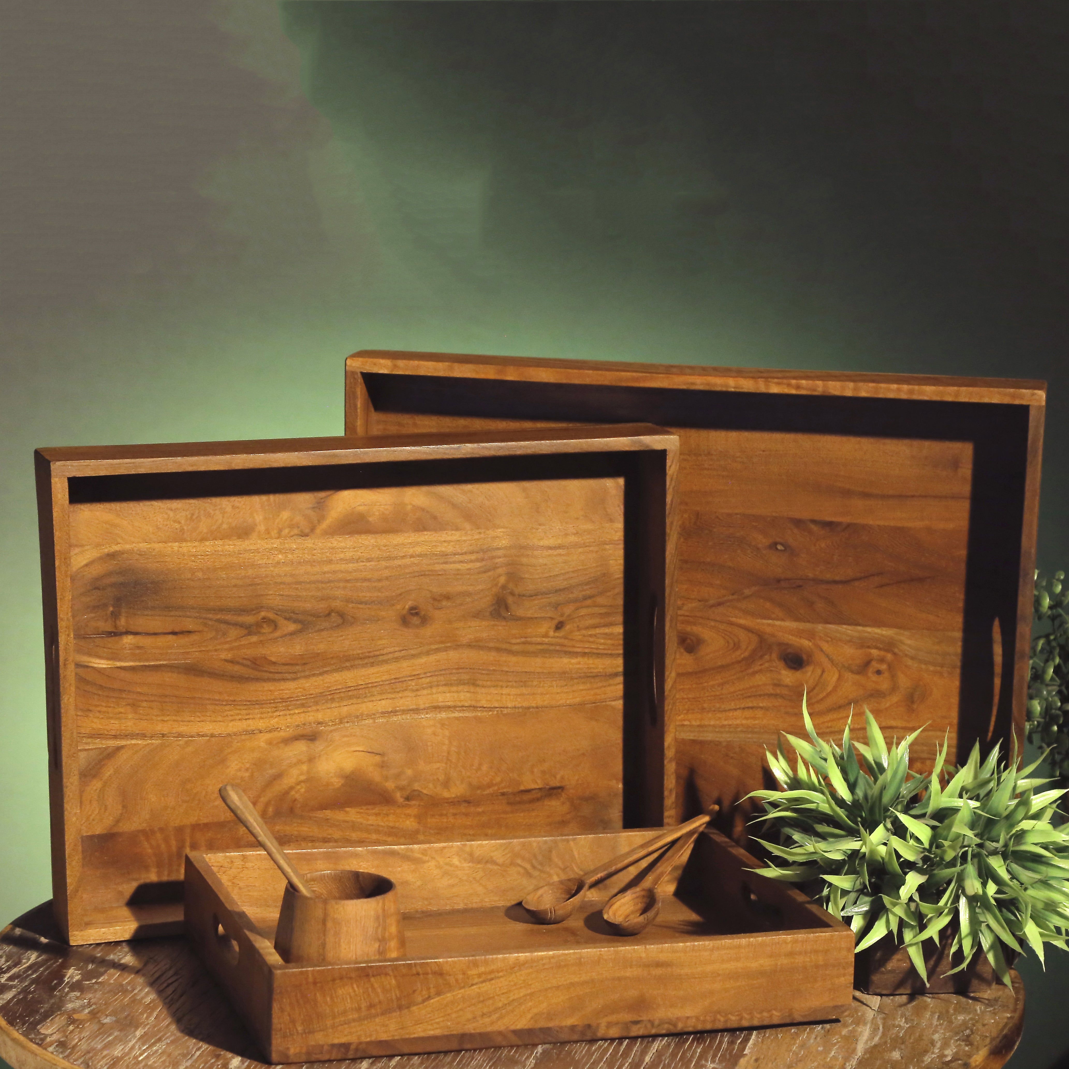 Slant Handle Wooden Tray Set Tray