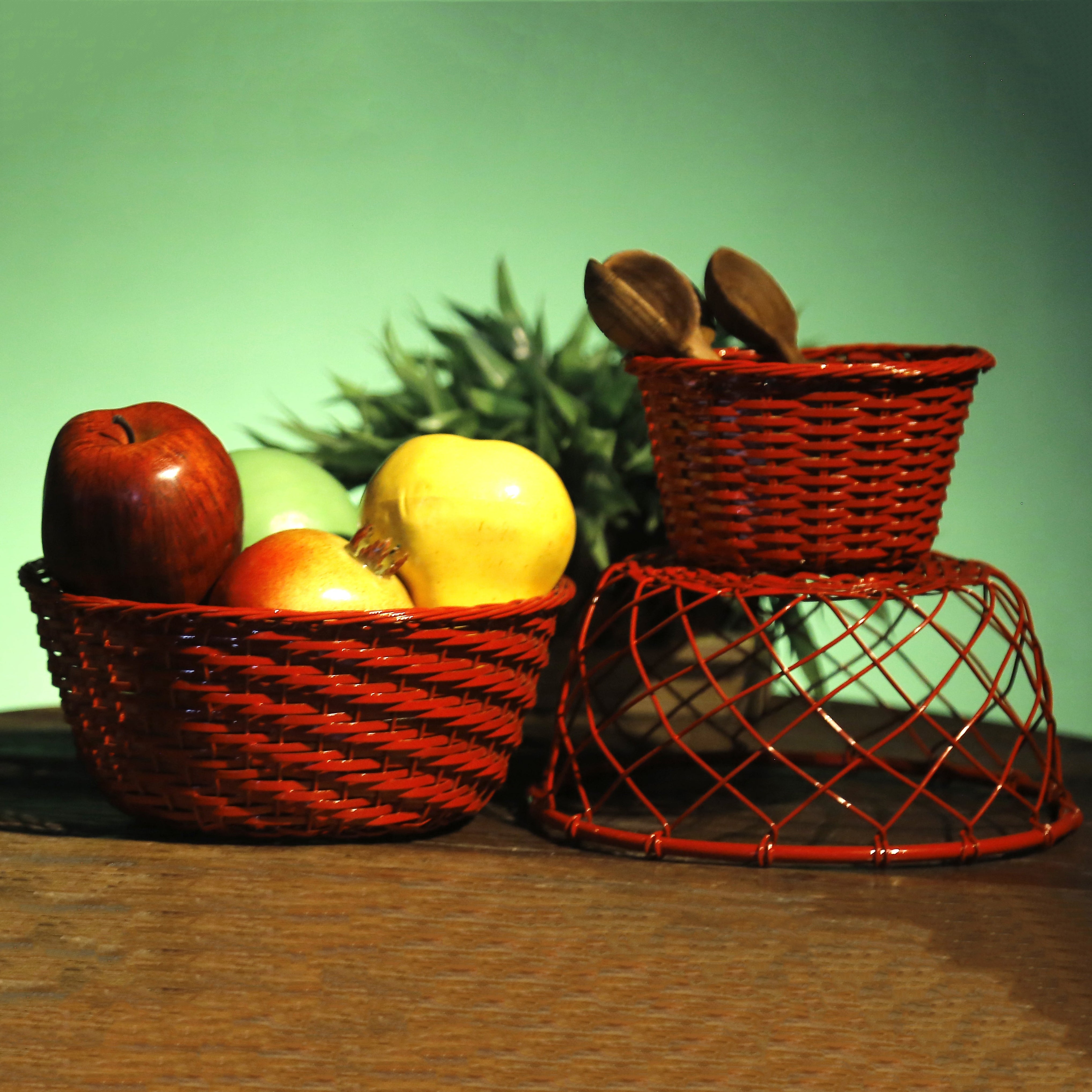 (Set of 3) Red Coloured Fruit Crate Metallic Tray Set Tray