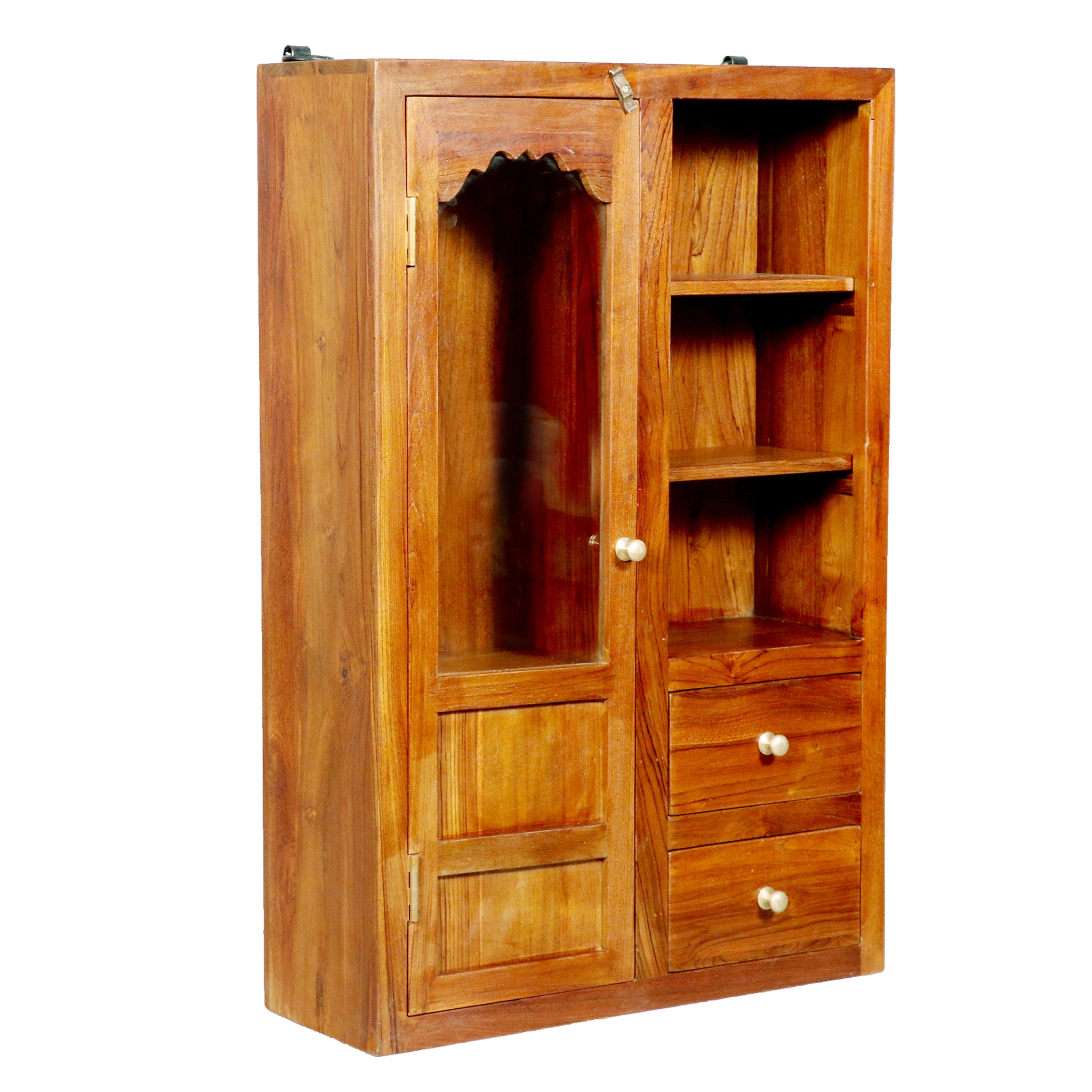 1 Door 3 Shelf with 2 Drawers Wooden Teak Wall Cabinet Wall Cabinet