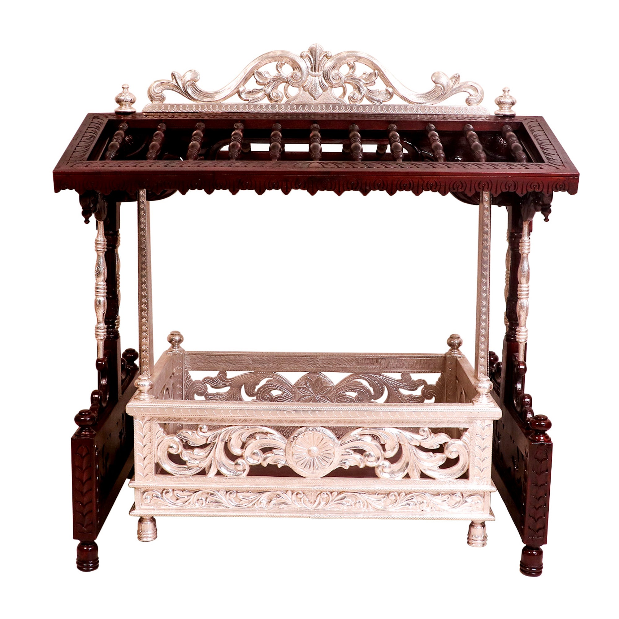 Antique White Metal Coated Teak Wooden Cradle Cradle