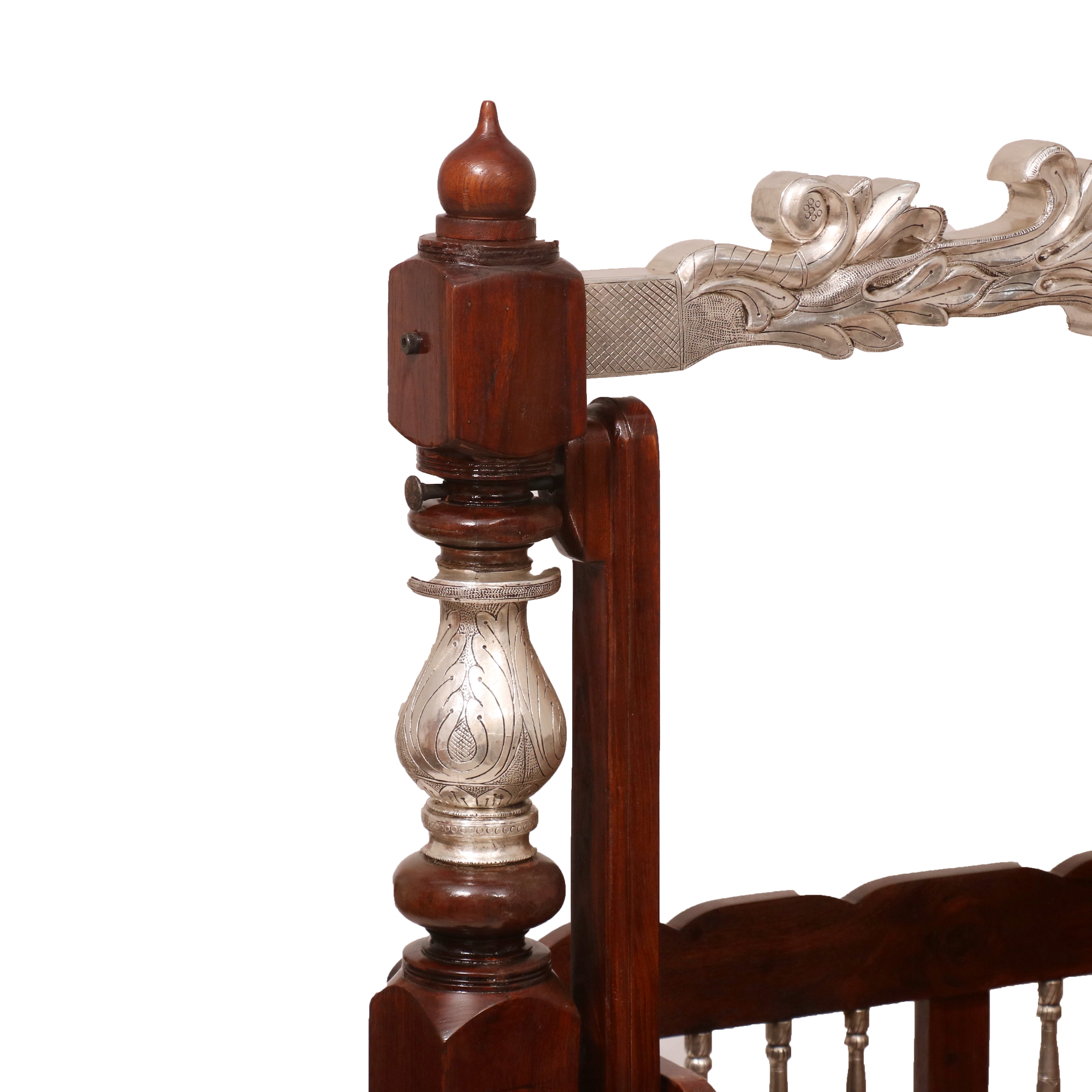 Intricately Antique Carved White metal coated Teak Wooden Handmade Crib Cradle Cradle