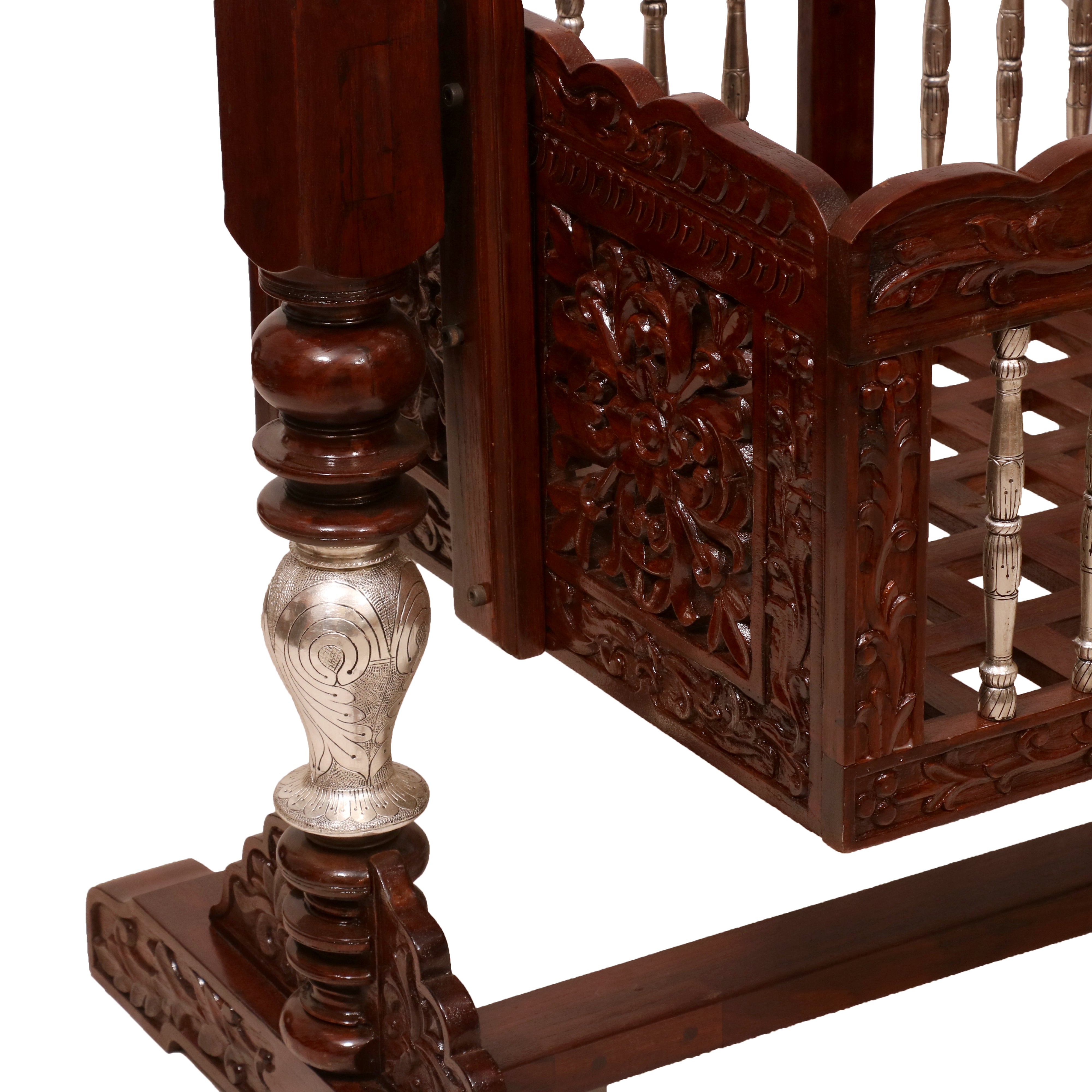 Intricately Antique Carved White metal coated Teak Wooden Handmade Crib Cradle Cradle