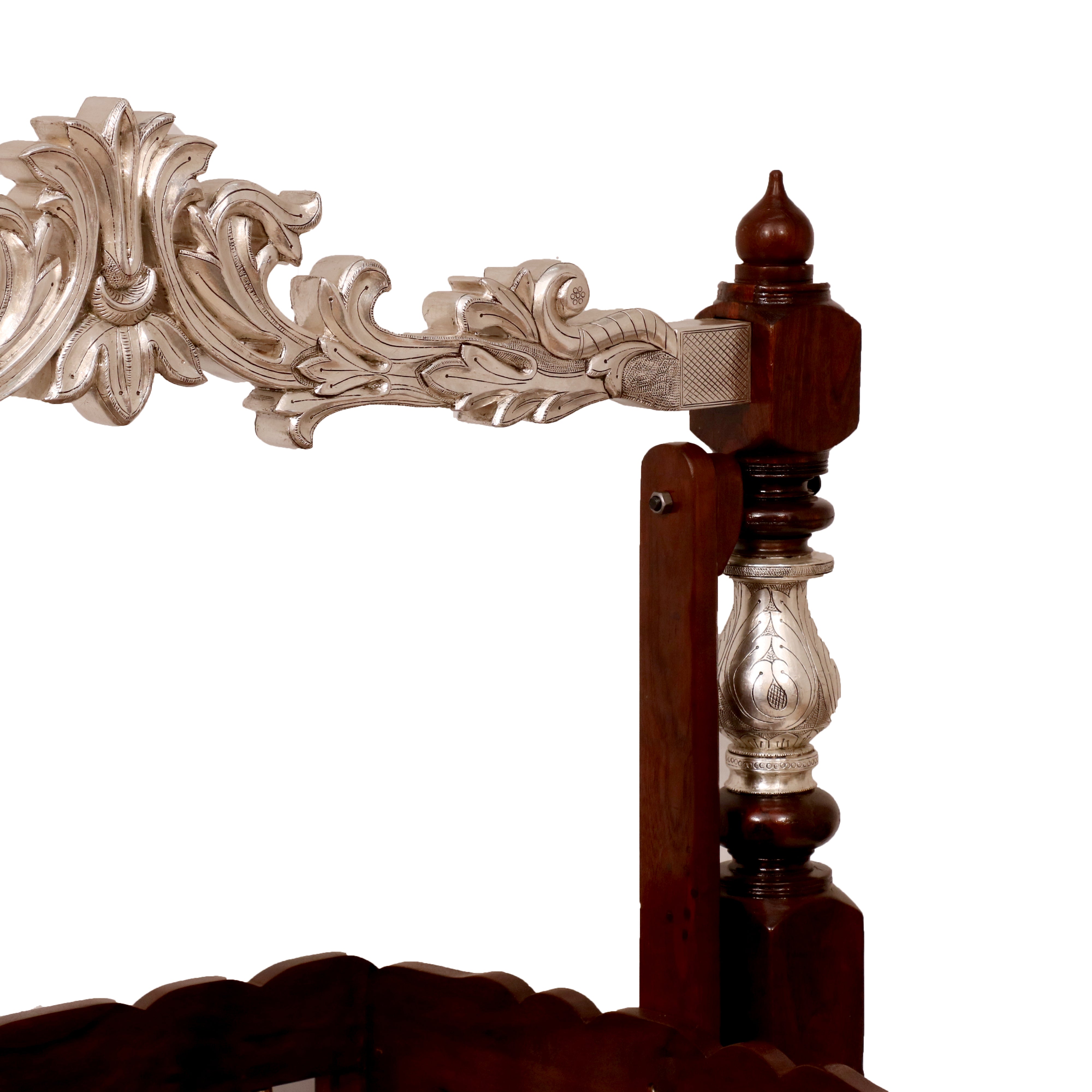 Intricately Antique Carved White metal coated Teak Wooden Handmade Crib Cradle Cradle