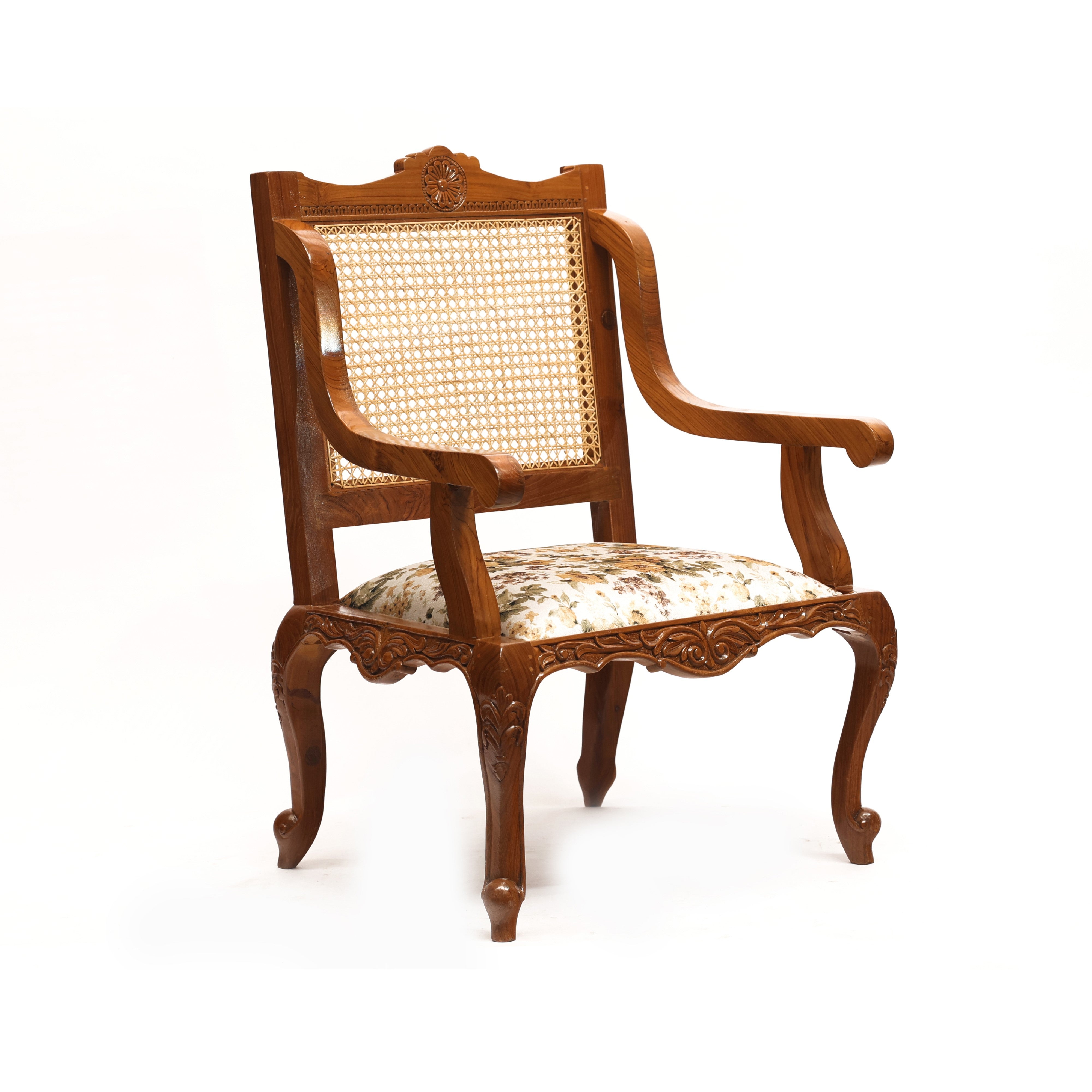 Heritage Finished Cane Back Teak Wooden Arm Chair Arm Chair