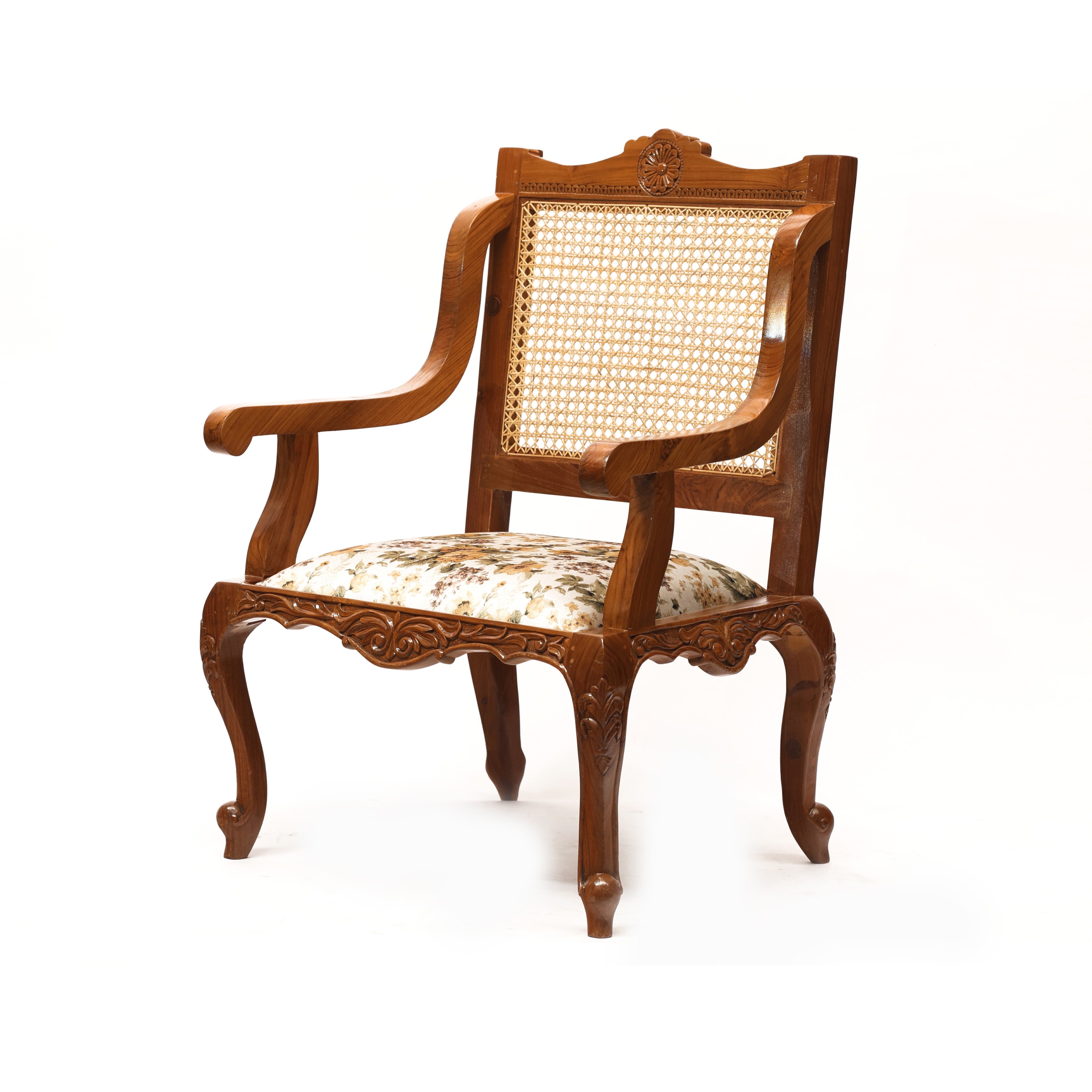 Heritage Finished Cane Back Teak Wooden Arm Chair Arm Chair