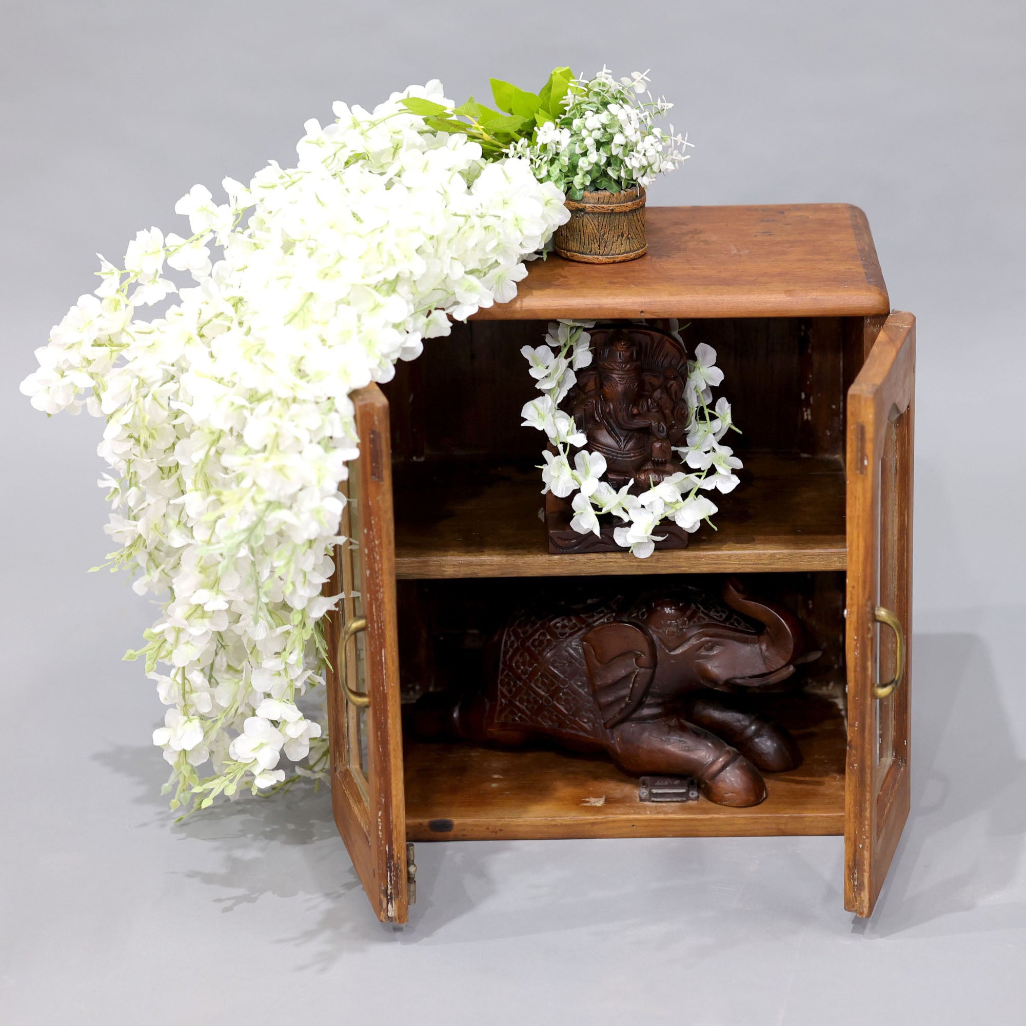 Diamond Carved Side Teak Single Shelf Cabinet Temple