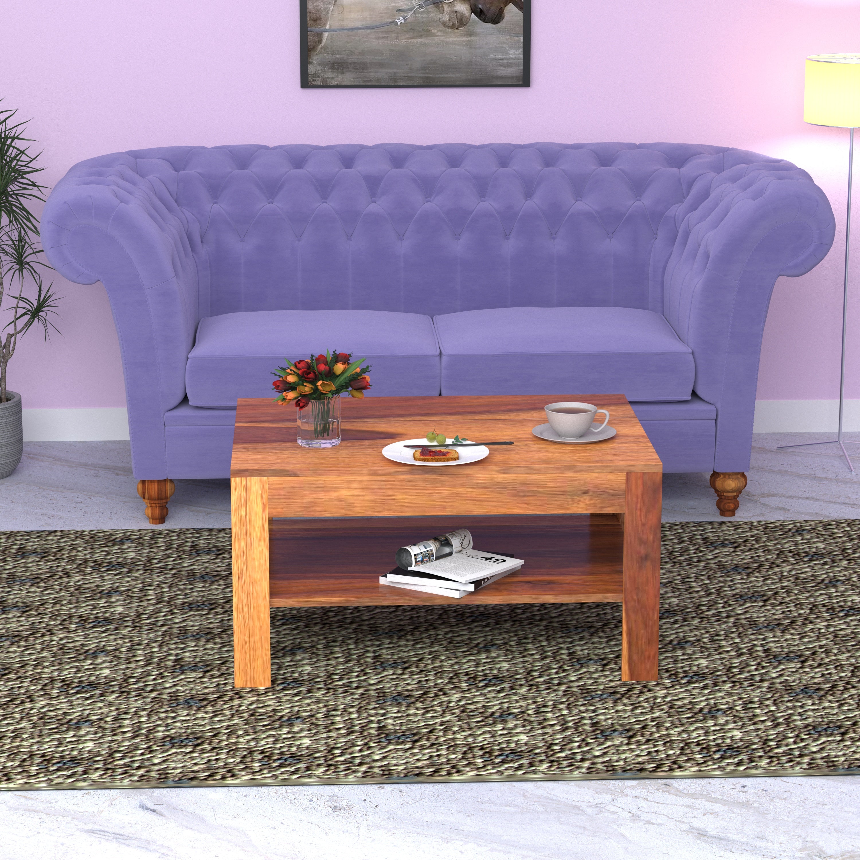 Crimson Purple Pastel Coloured Comfort Large 2 Seater Sofa + Center Table for Home Sofa