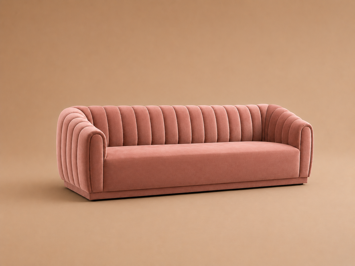 Modern Pink Channel-Tufted 3-Seater Sofa with Curved Arms Sofa