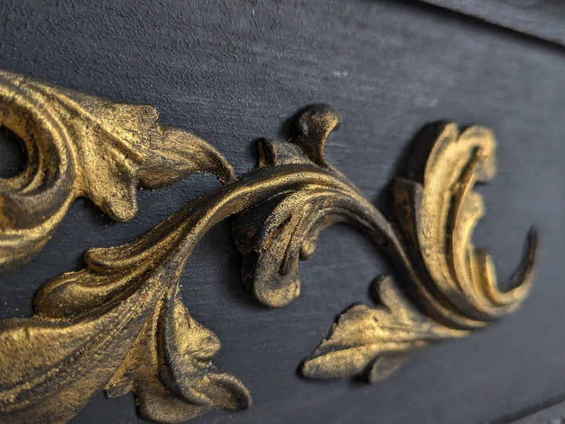 Classic Wooden Console Table with Golden Floral Inlay - Antique Style Console Table