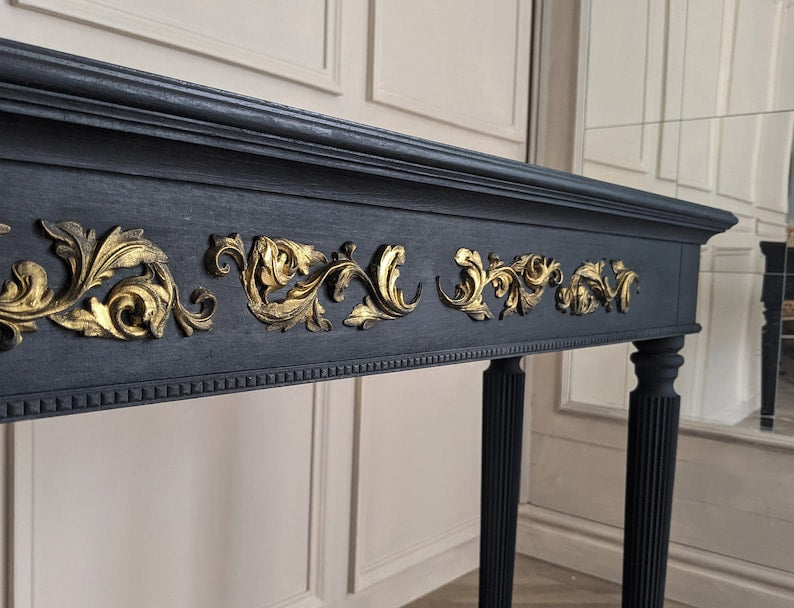 Classic Wooden Console Table with Golden Floral Inlay - Antique Style Console Table