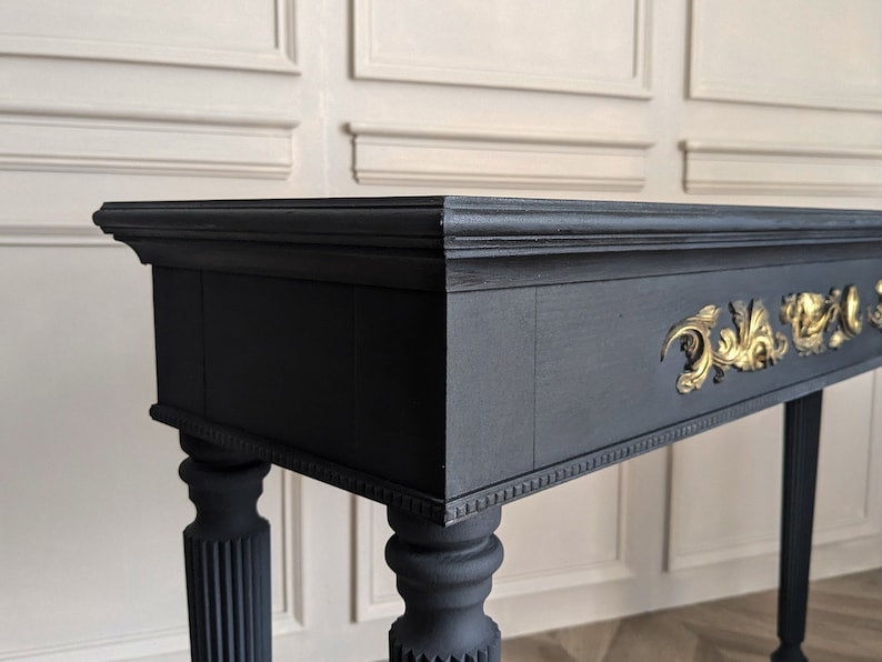 Classic Wooden Console Table with Golden Floral Inlay - Antique Style Console Table