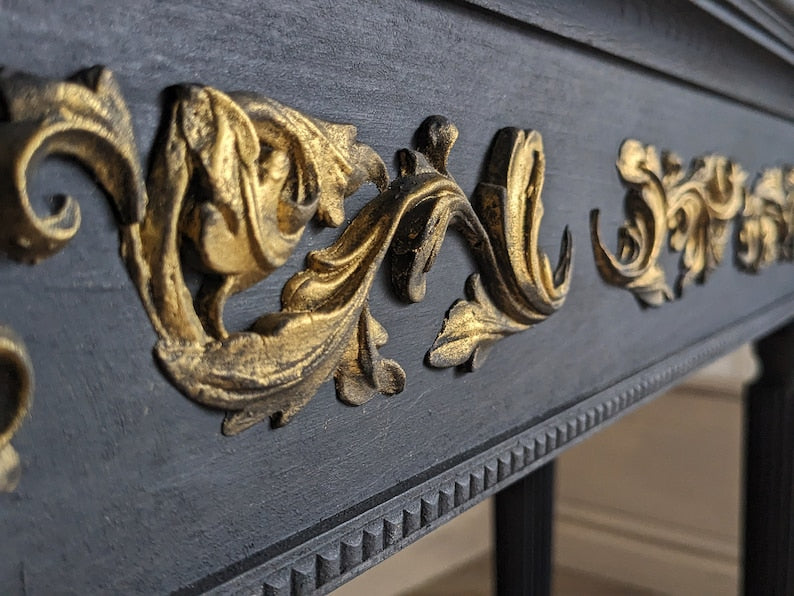 Classic Wooden Console Table with Golden Floral Inlay - Antique Style Console Table