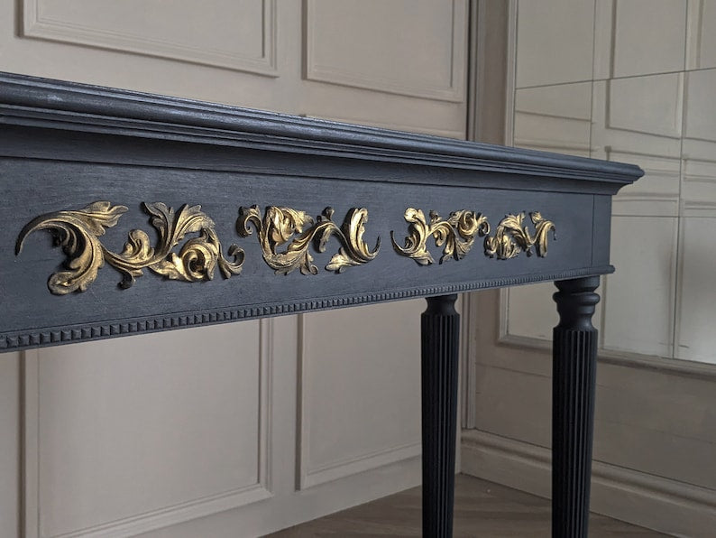 Classic Wooden Console Table with Golden Floral Inlay - Antique Style Console Table