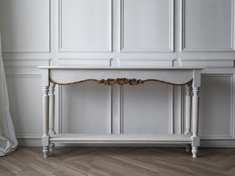 Elegant French Provincial Console Table - Antique White with Gold Accents Console Table