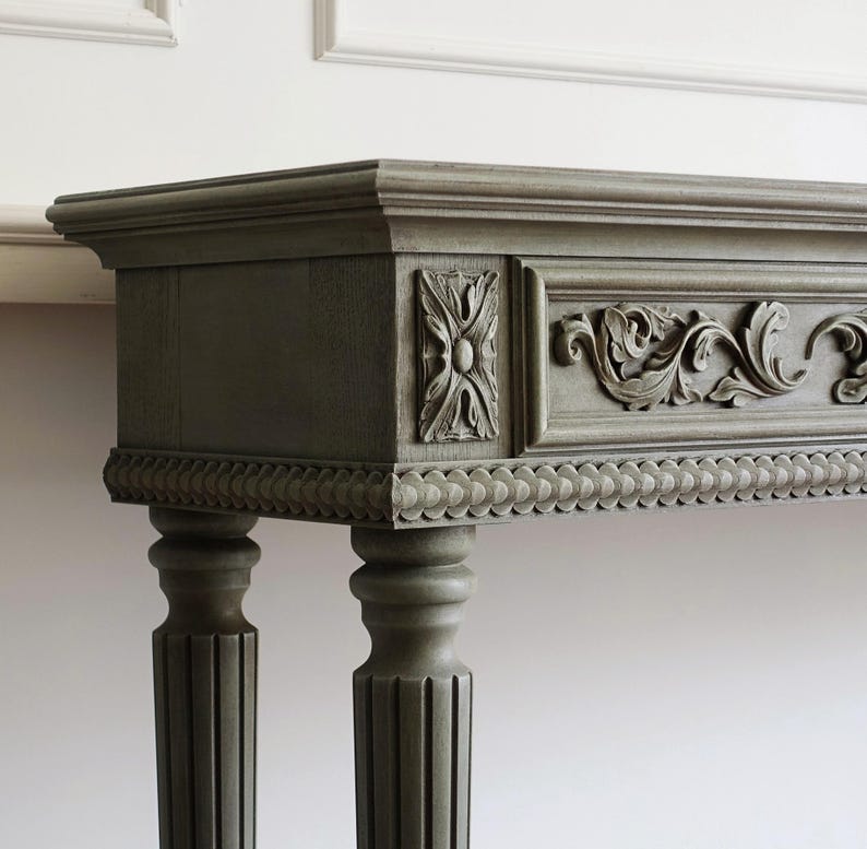Ornate Gray Console Table - Hand-Carved French Provincial Design Console Table