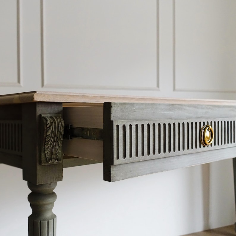Sage Green Console Table with Brass Accents - Fluted Neoclassical Design Console Table