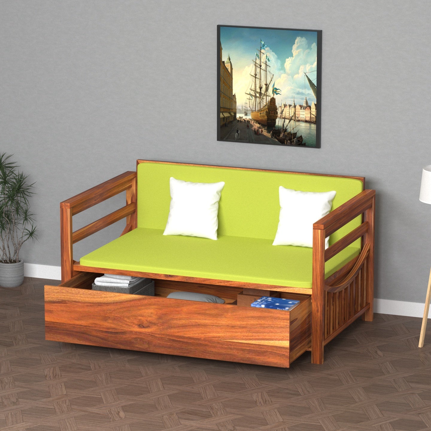 Metallic Neon Vintage Wooden Sofa Cum Bed Sofa