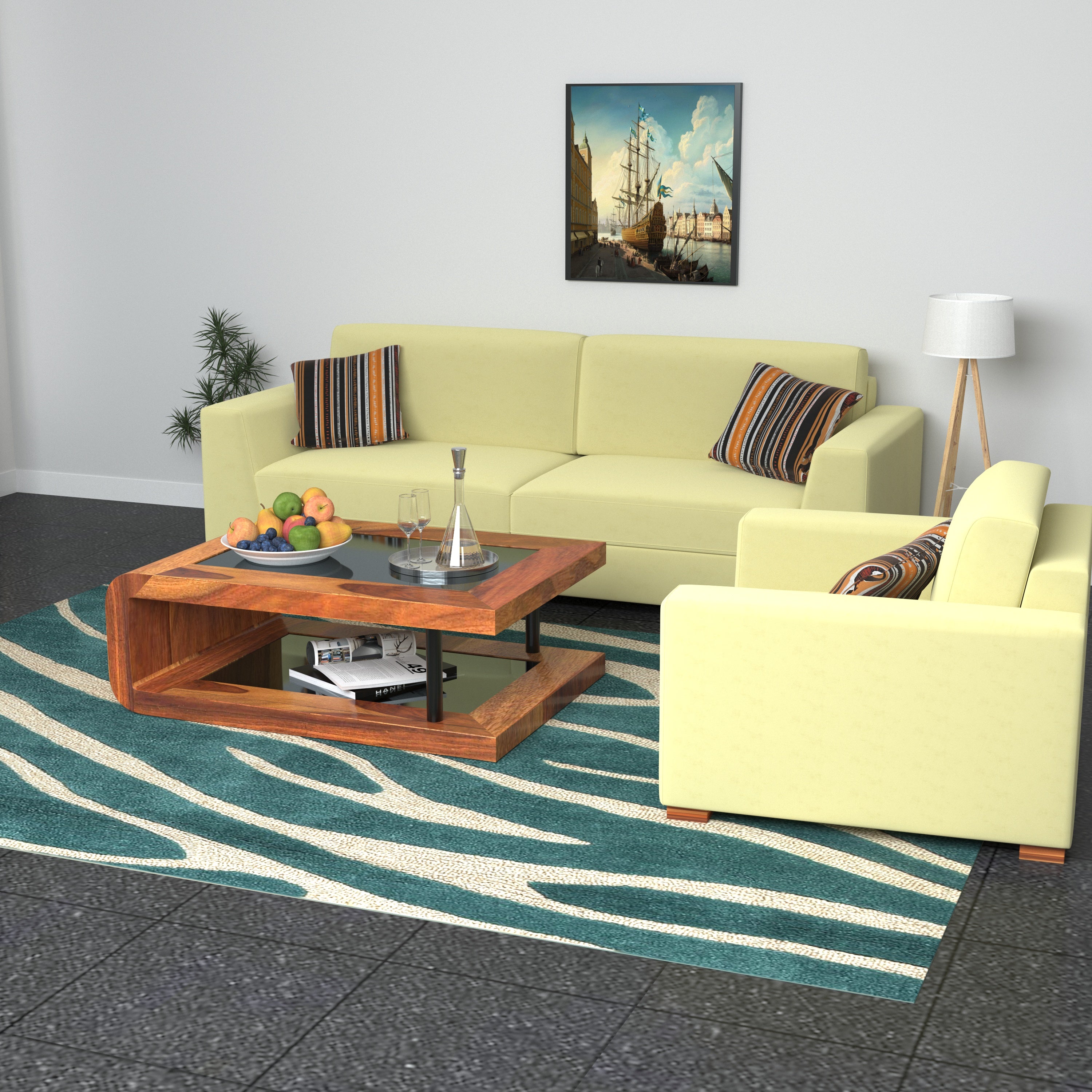 Ivory Yellow Pastel Coloured Comfort 2+1 Seater Sofa + Center Table for Home Sofa