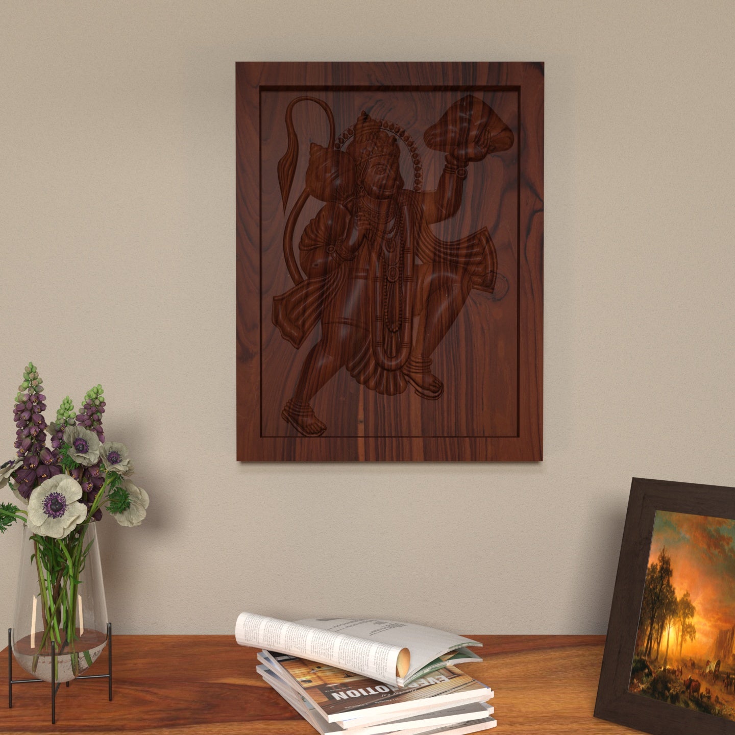 Lord Hanuman with Mountain Wooden Vintage Wall Decor Wall Decor