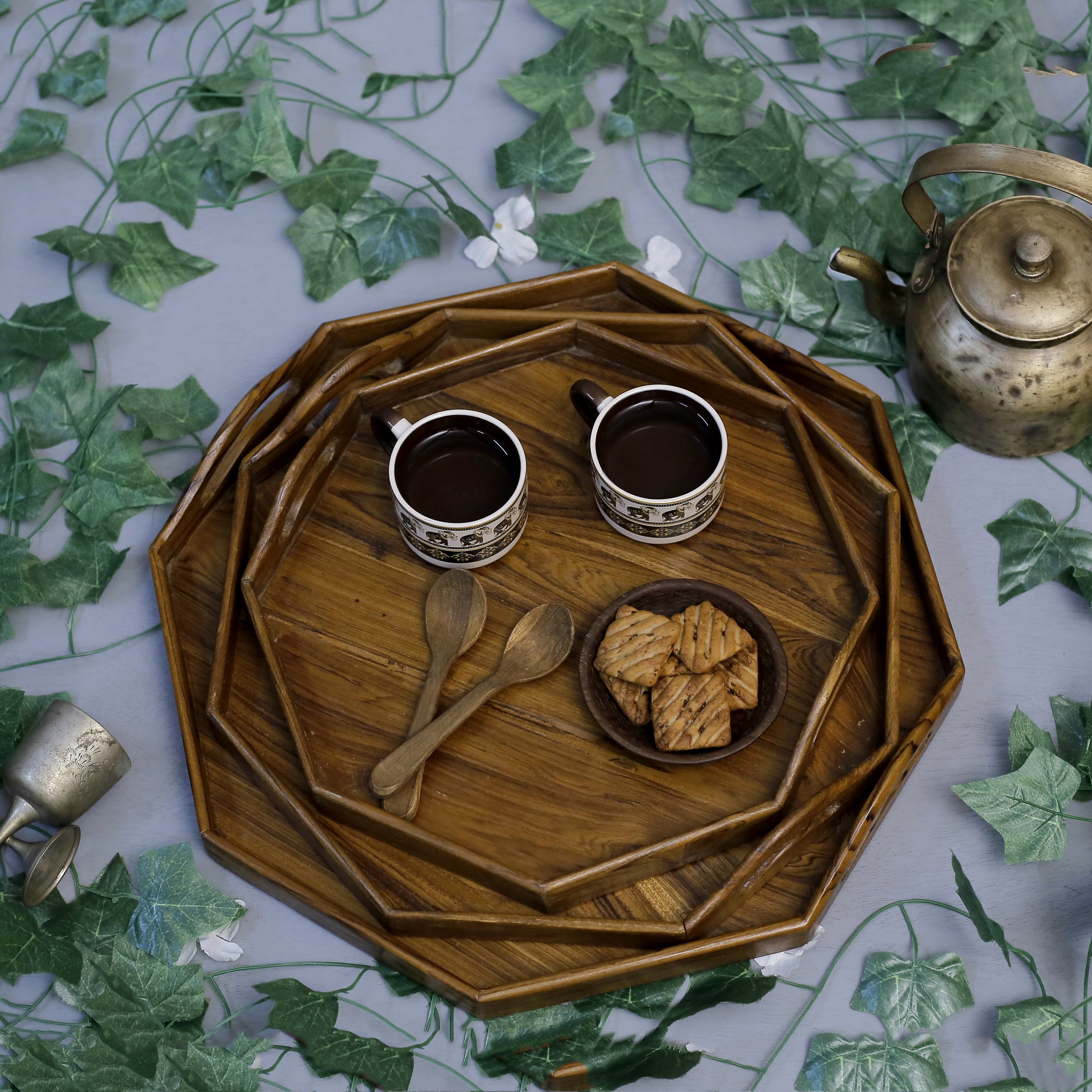 Hexagon Solid Wood Tray Set Tray