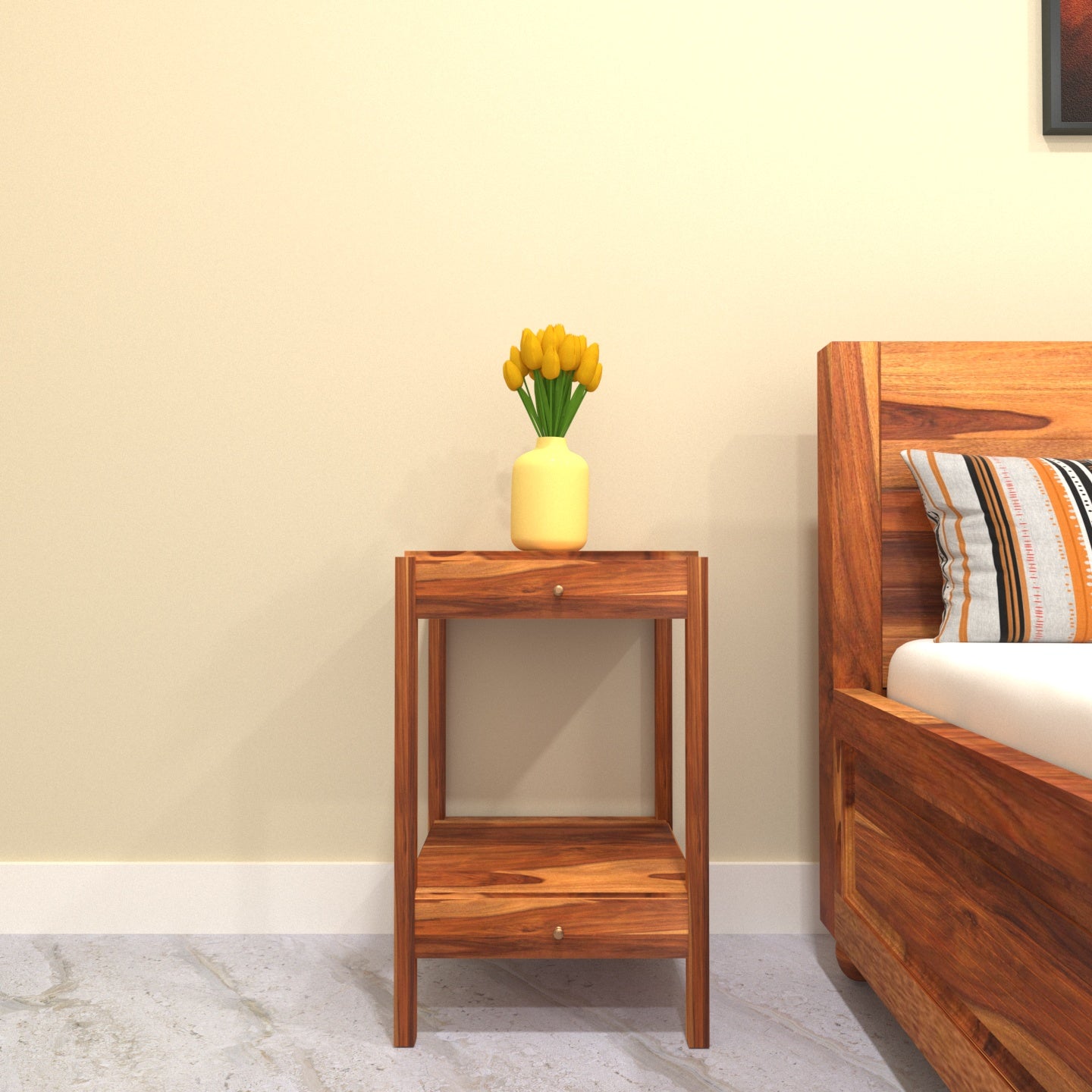 Classic Versatile Handmade Wooden Bed with Rustic Finish Table and Bedside Bedroom Furniture Sets