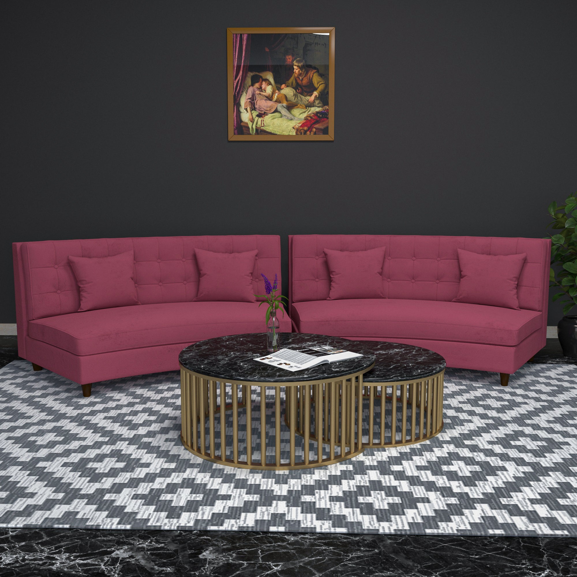 Red Bold Cherry Designed Handmade Long Wooden Sofa Set for Home Sofa