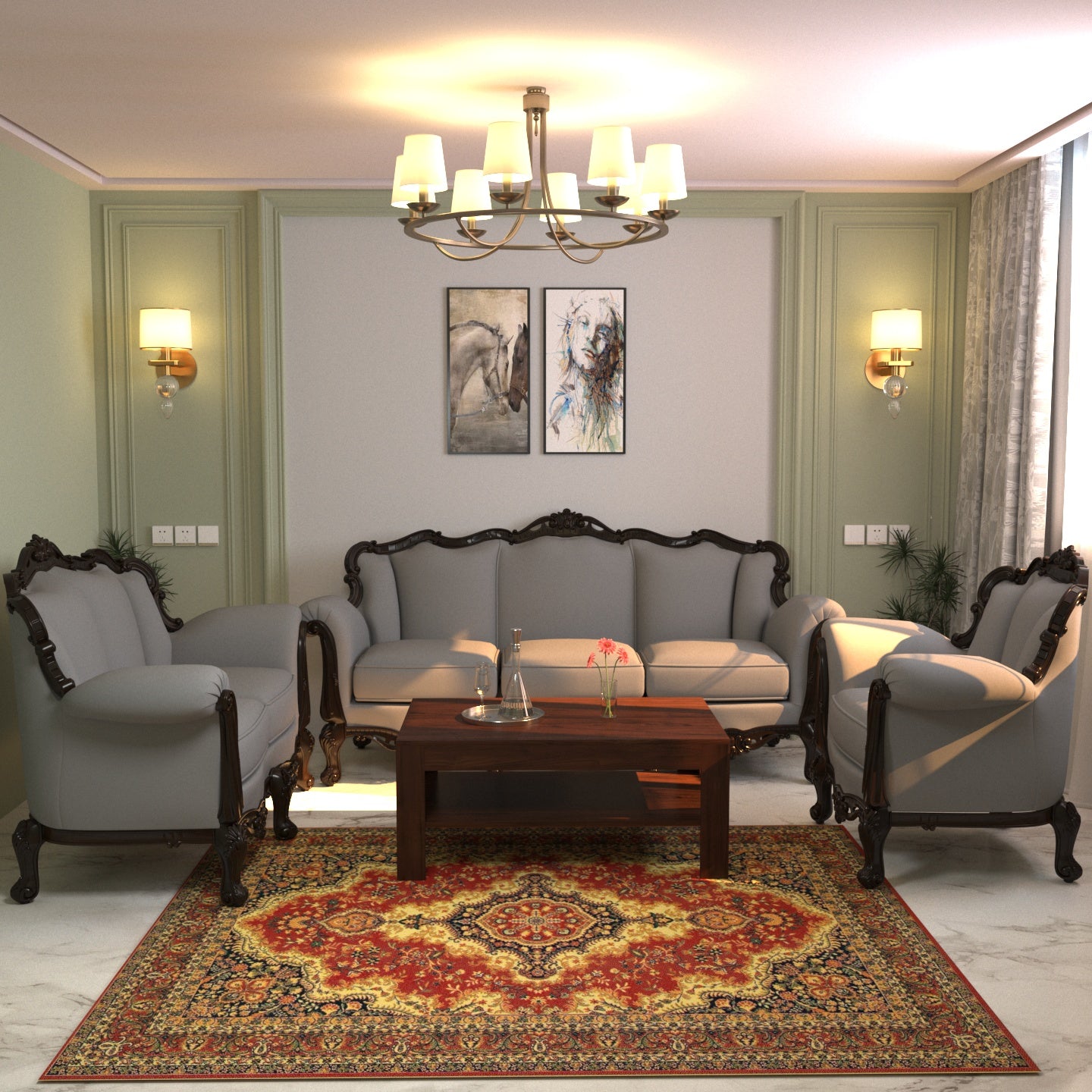 Glorious Gray Premium Style Wooden Guest Seating Sofa Set Sofa