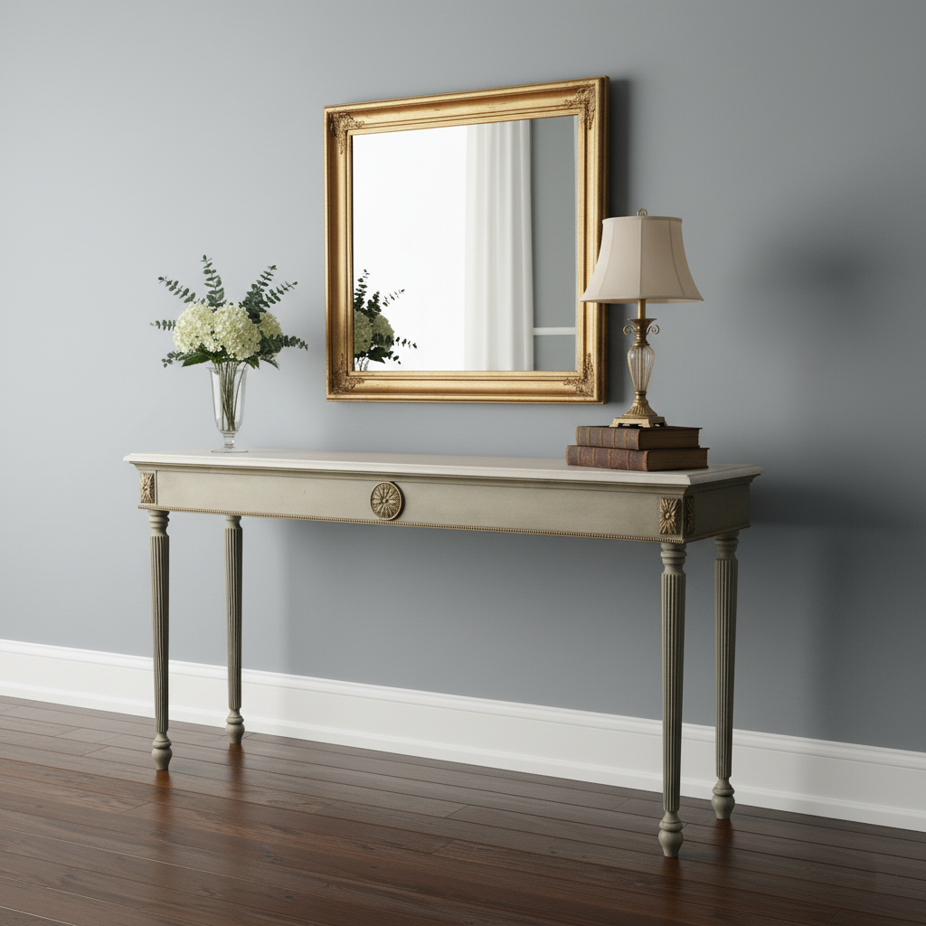 Neoclassical Console Table with Central Medallion and Fluted Columns Console Table