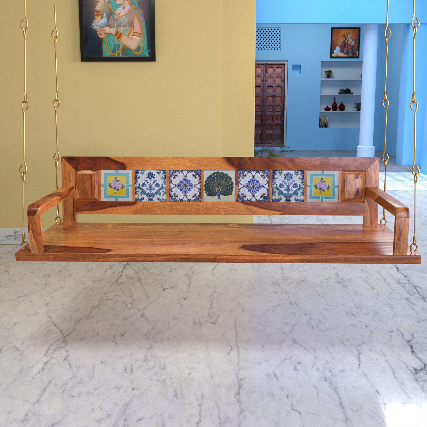 Melodious Multiple Tile Fitted Handmade Wooden Swing for Home Swing