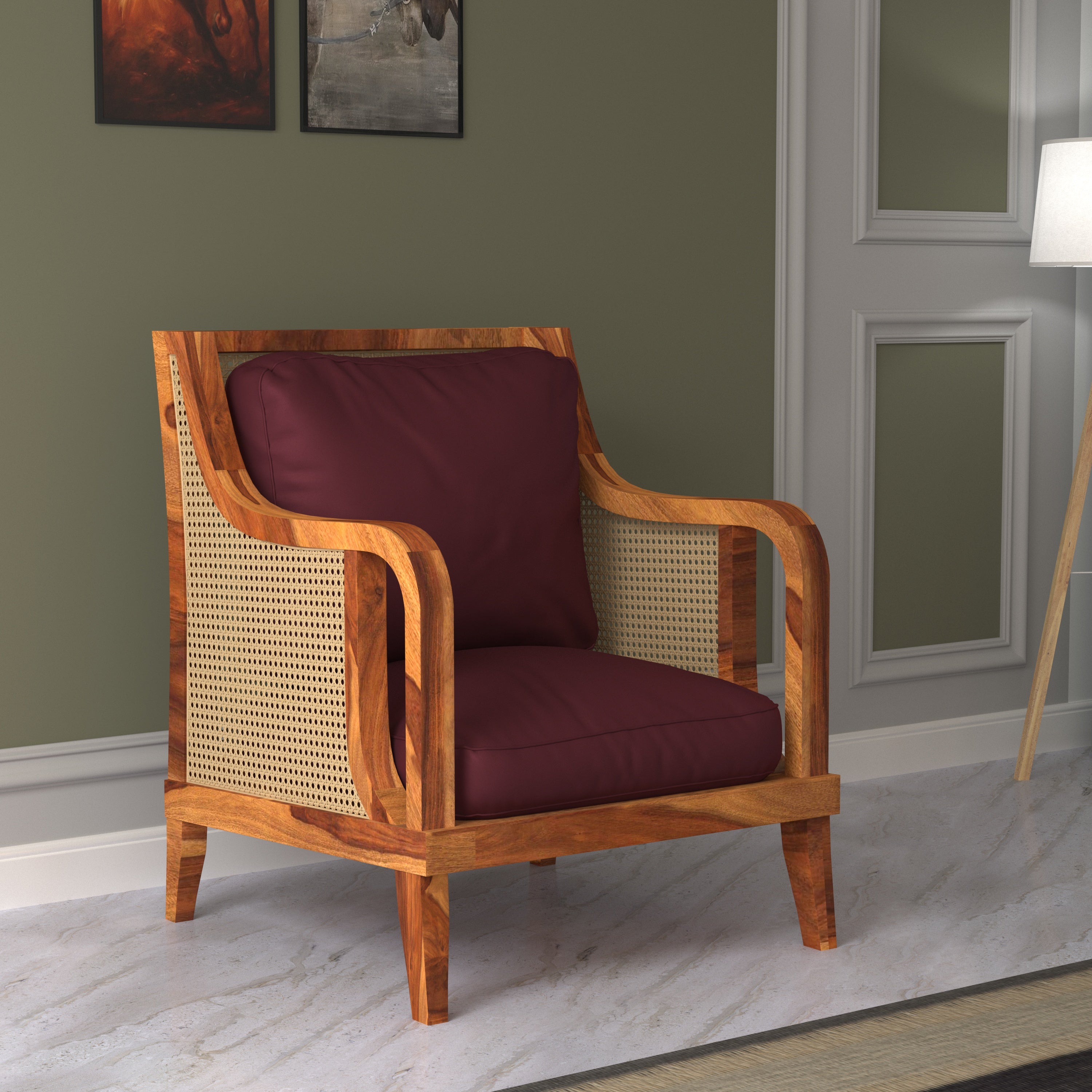 Vintage Side Cane Style Handmade Seating Wooden Easy Chair for Home Arm Chair