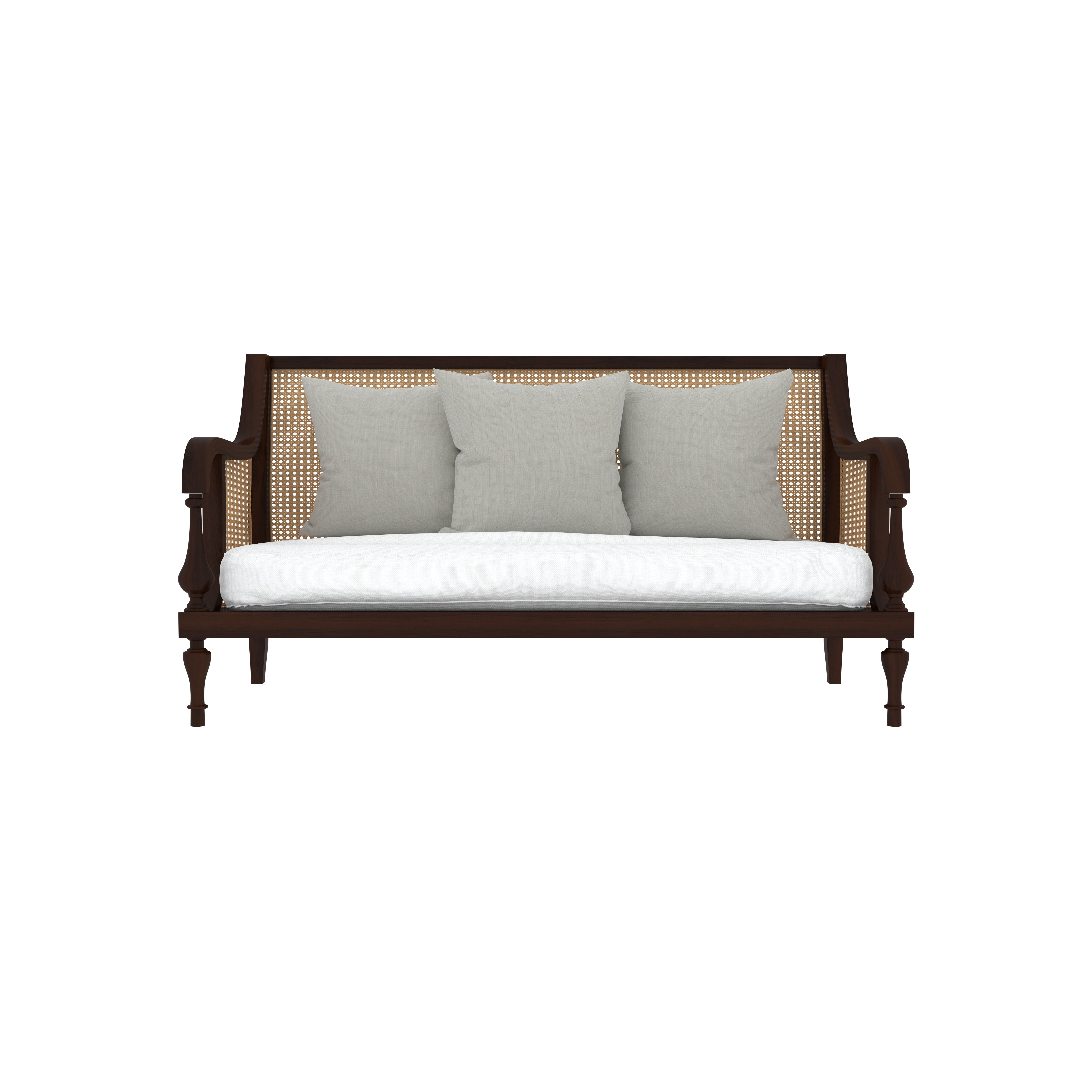 Elegant Wooden Cane-Back Sofa with Cushions – Classic Rattan Style Sofa