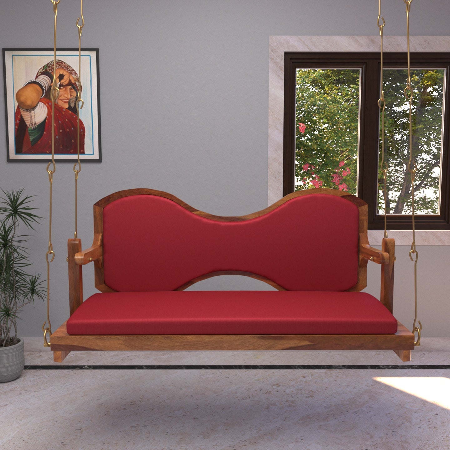 Classic Cherry Reddish Boomerang Style Back Wooden Swing for Home Swing