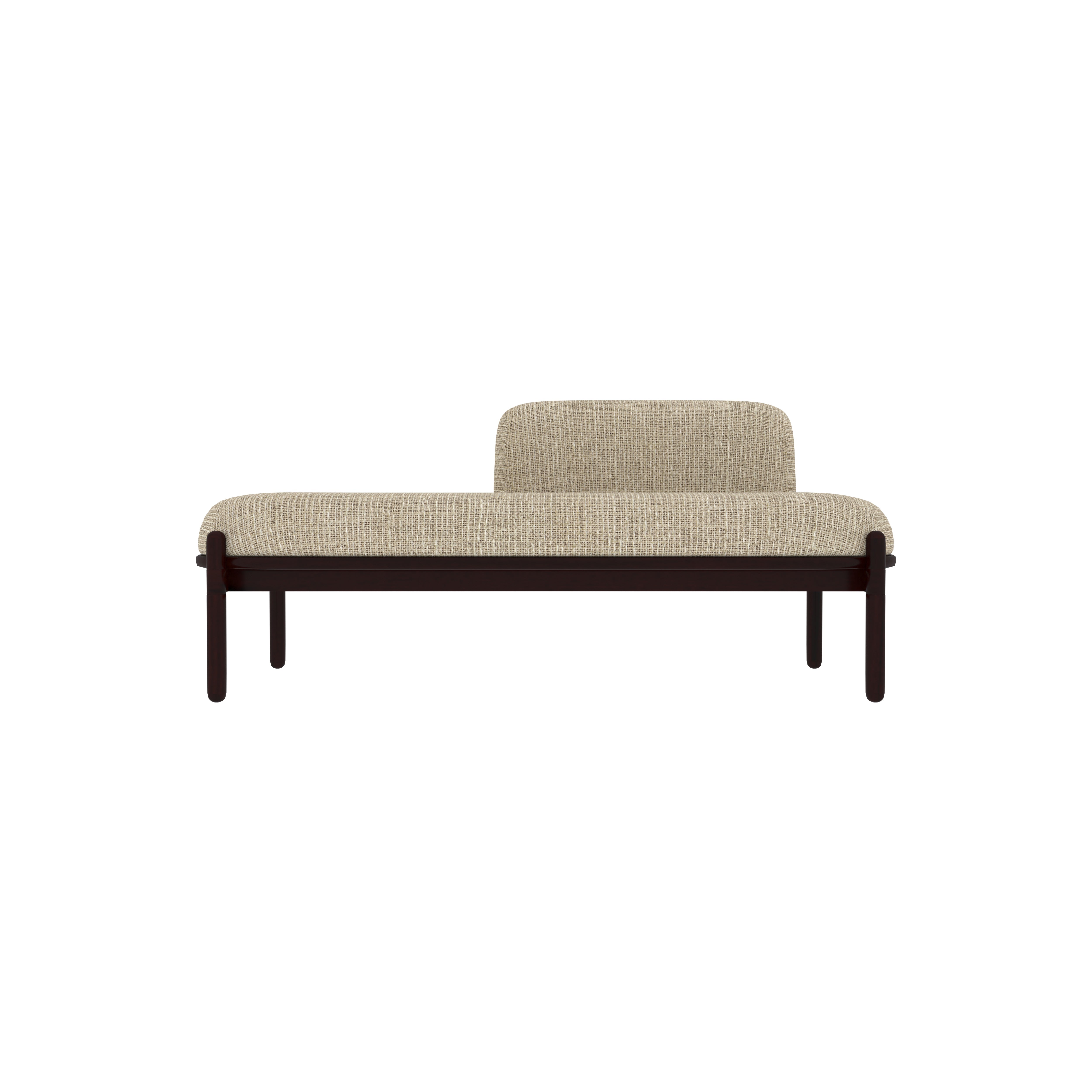 Modern Beige Upholstered Bench with Low Backrest and Dark Wood Frame Bench