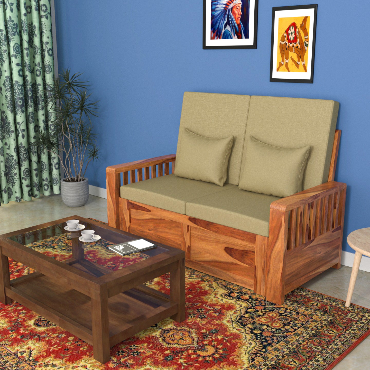 Moss Green Vintage Sheesham Wooden 2 Seater Sofa with Storage Sofa