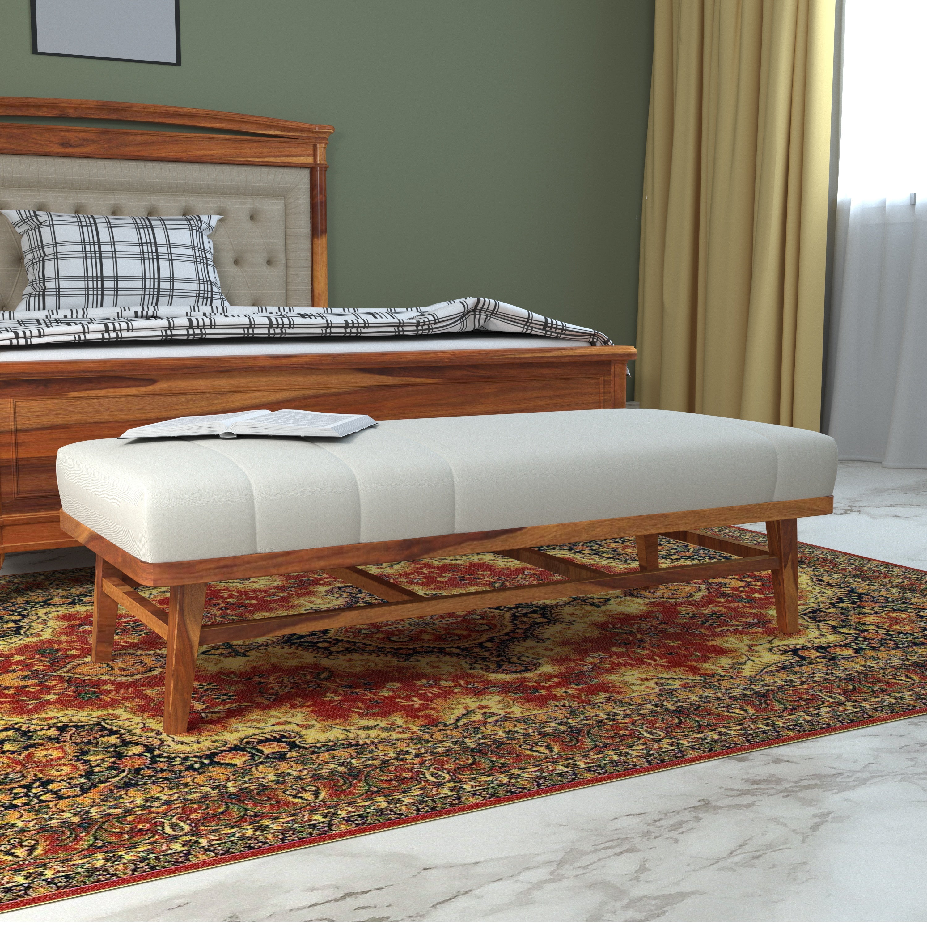 Unique White Upholstered Handmade Long Wooden Couch for Home Bench