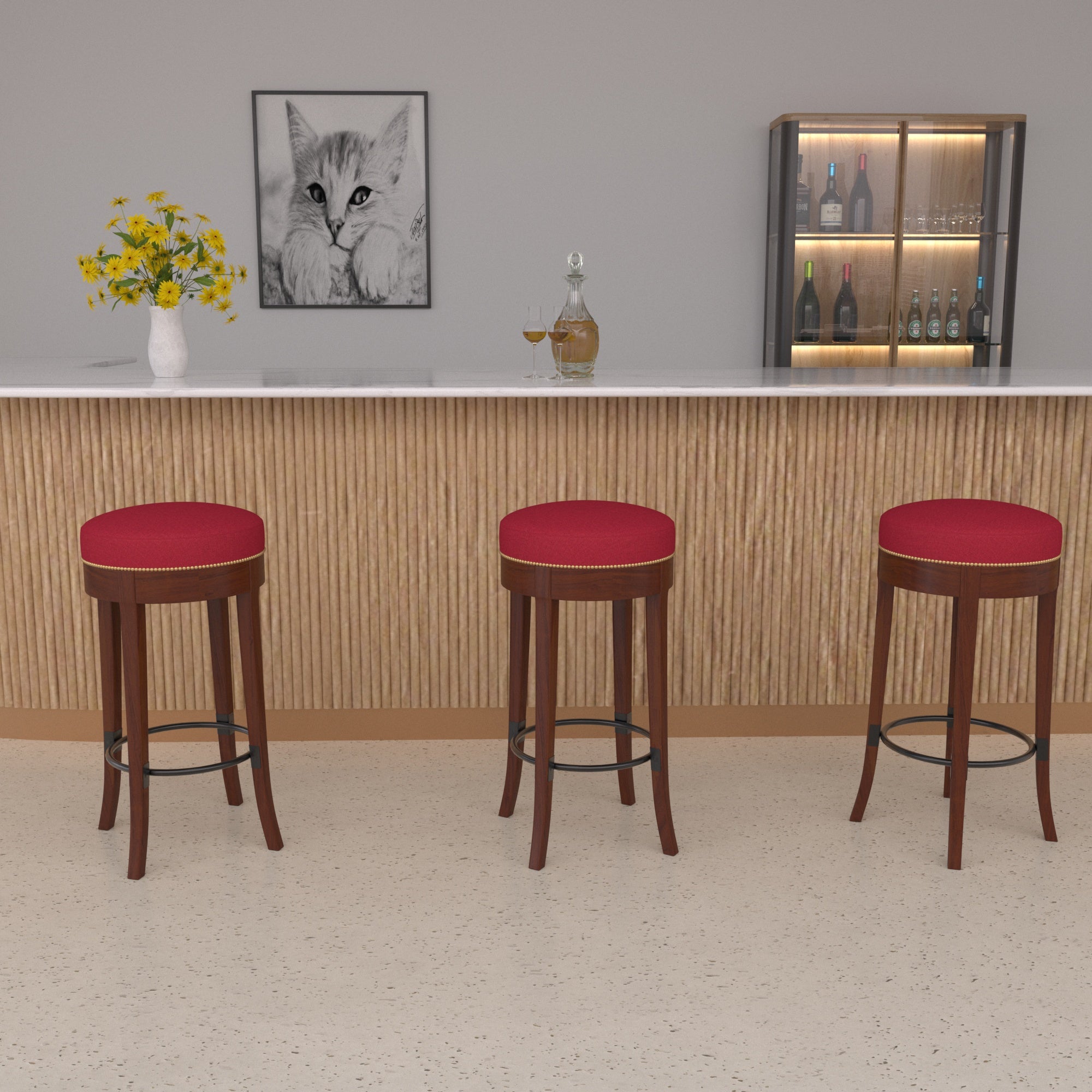 Montage Red Round Finished Wooden Handmade Stool Stool