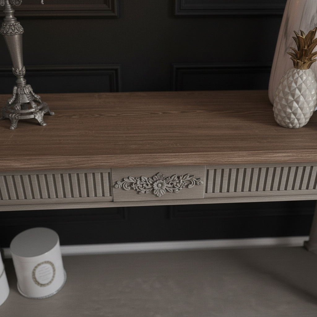Two-Tier Console Table with Fluted Frieze, Central Medallion and Lower Shelf Console Table