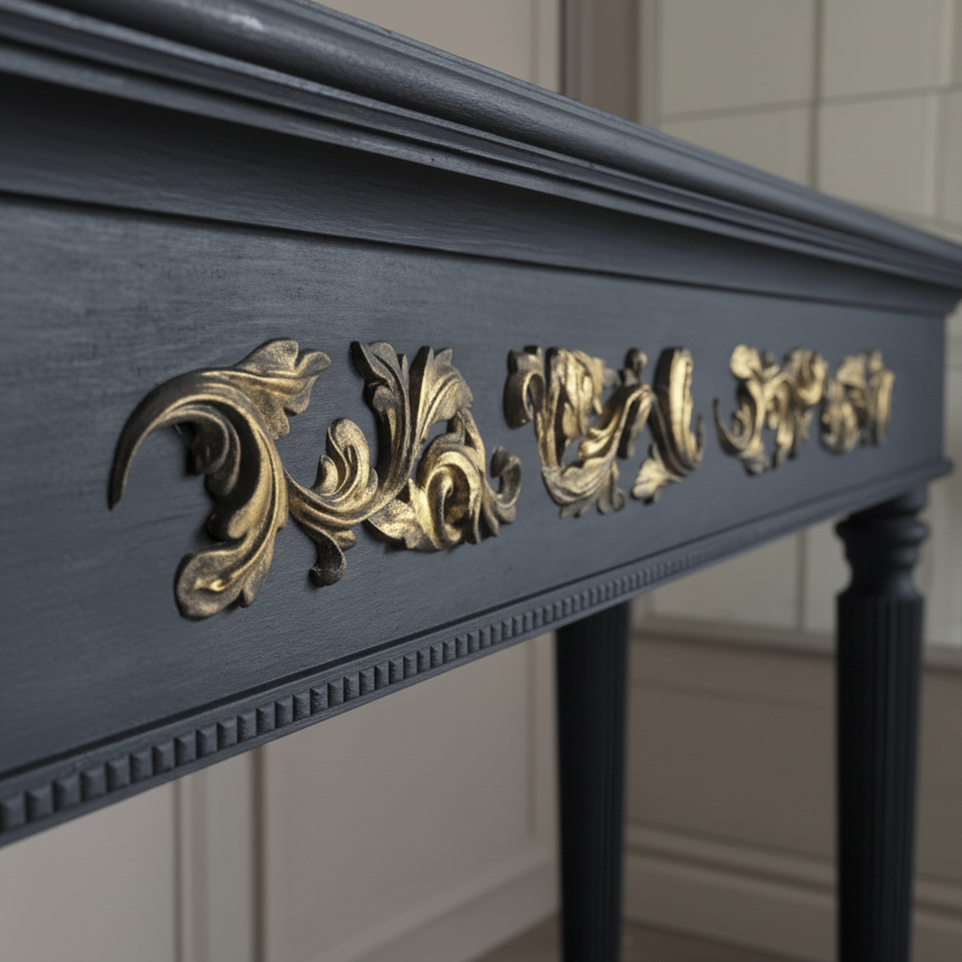 Classic Wooden Console Table with Golden Floral Inlay - Antique Style Console Table