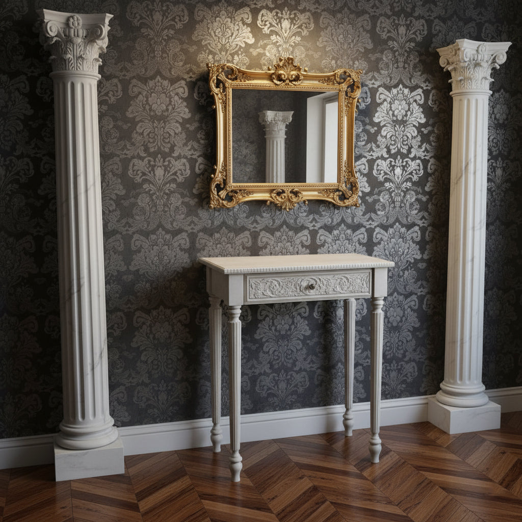Elegant Console Table with Hand-Carved Drawer and Fluted Columns Console Table