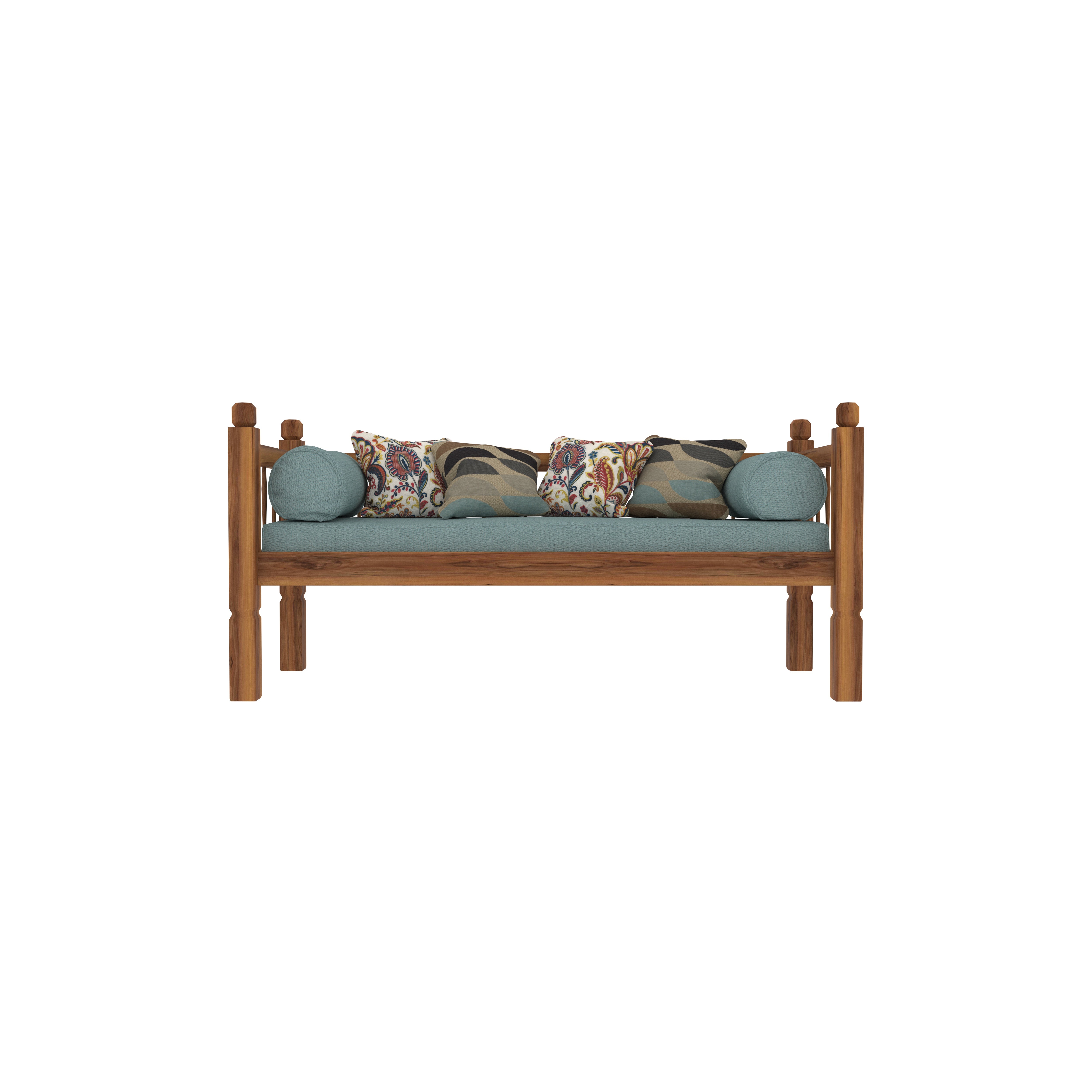 Rustic Teak Wood Daybed with Cushions – Sturdy Frame & Teal Upholstery Bench
