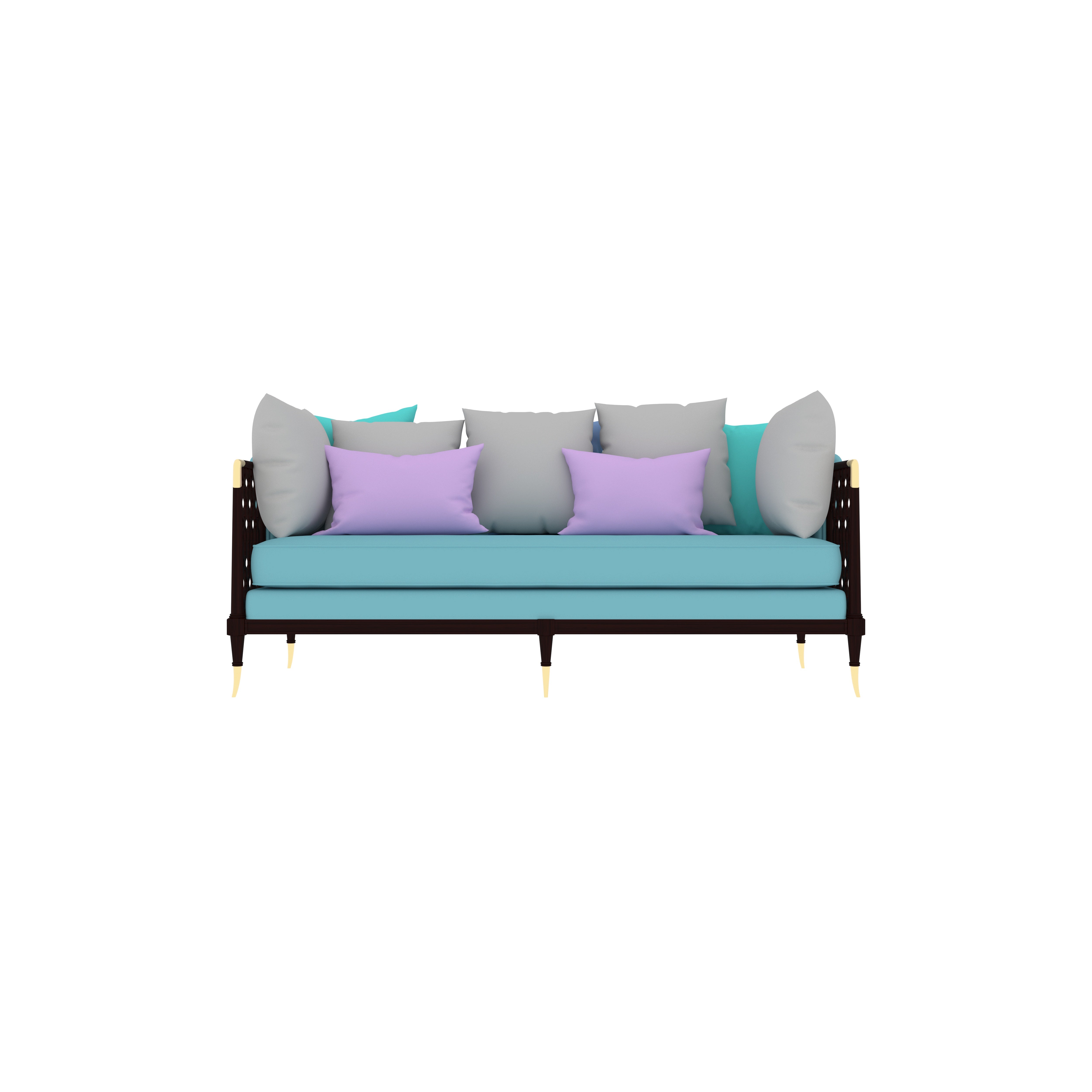 Contemporary Blue Sofa with Ornate Armrests and Multicolor Cushions Sofa