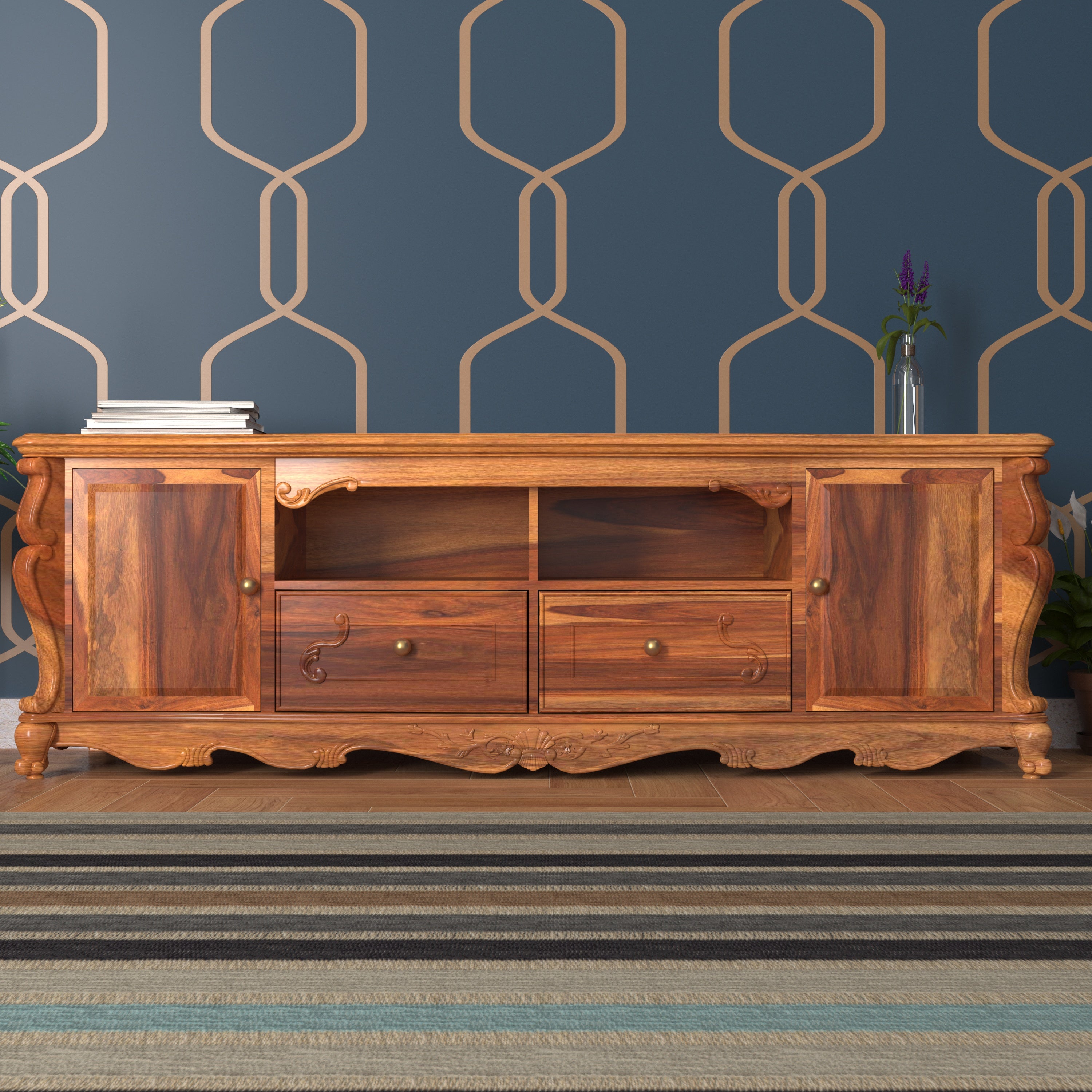Optimistic Fusion Bottom Carved Style Handmade Woooden TV Stand Tv stand