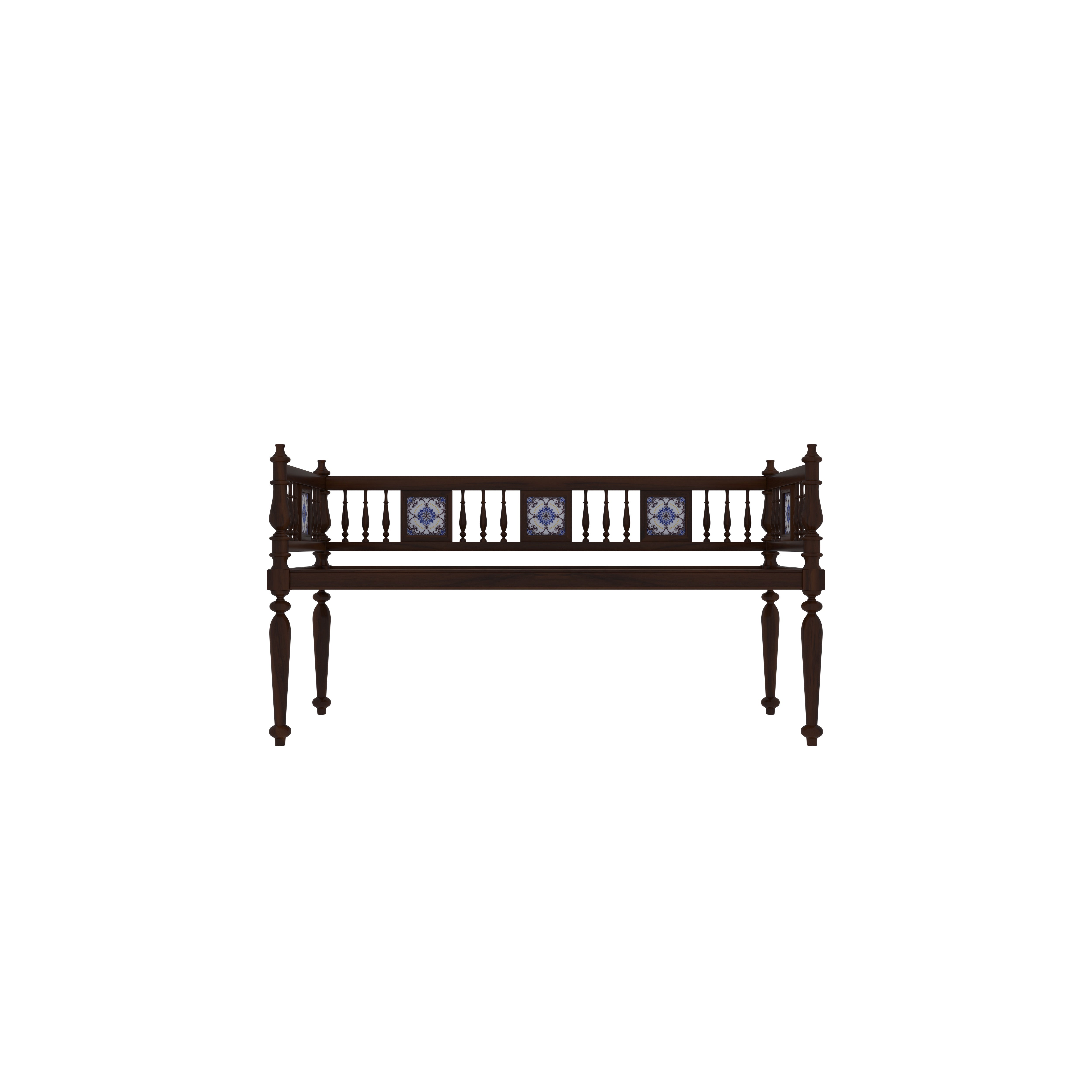 Traditional Wooden Daybed with Handcrafted Spindles & Ceramic Tile Inlay Bench