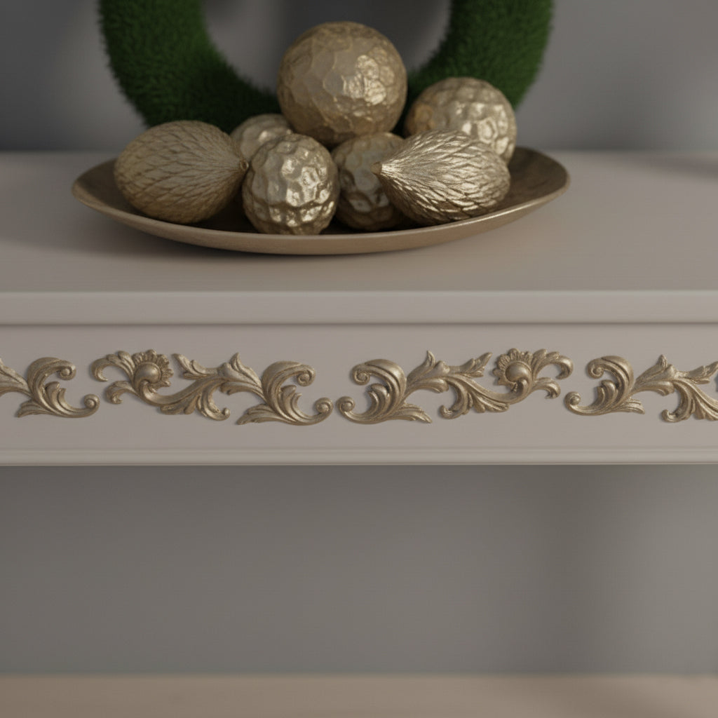 Elegant White Console Table with Hand-Carved Floral Details and Fluted Columns Console Table