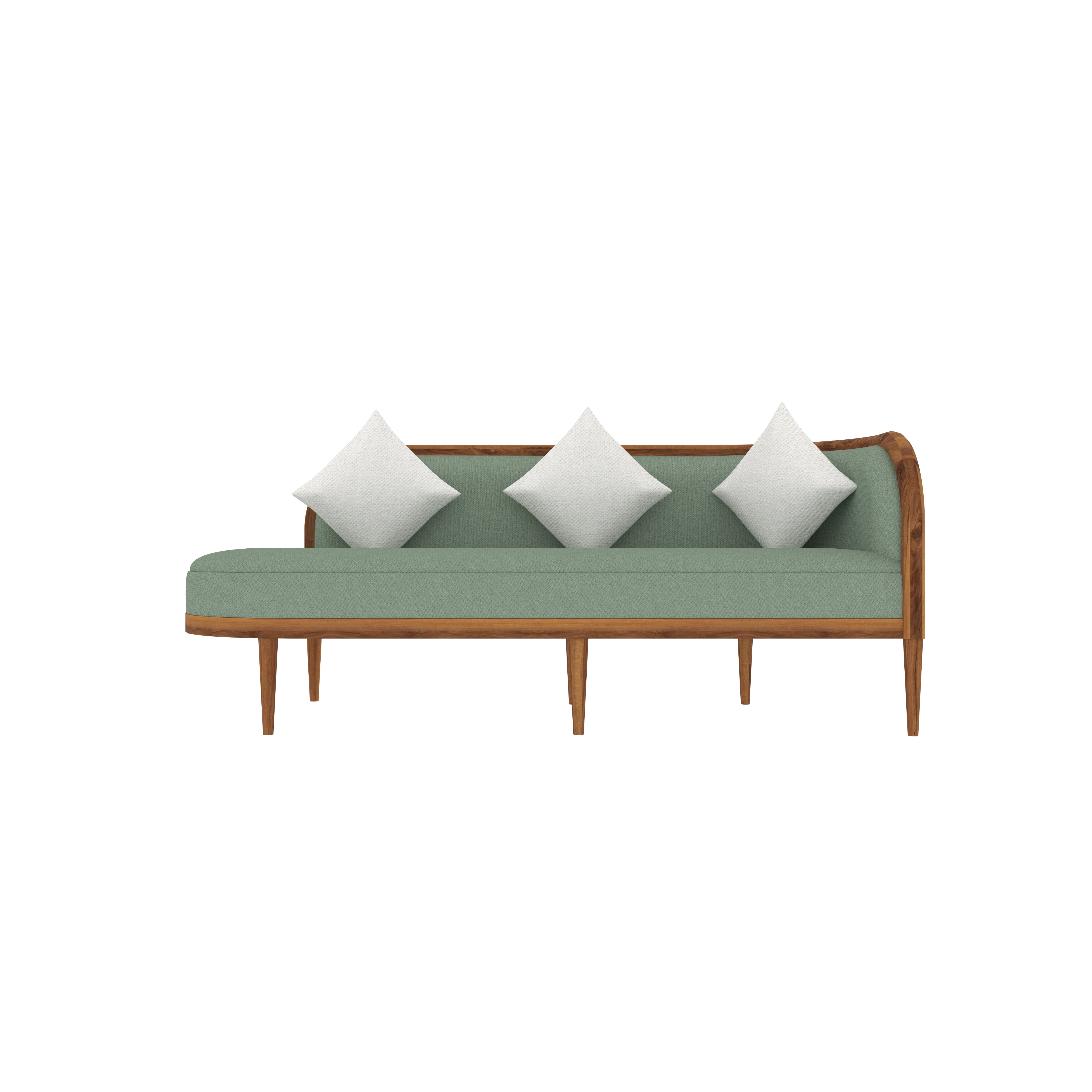Elegant Teak Wood Curved Back Sofa with Mint Green Upholstery – Modern Vintage Design Sofa