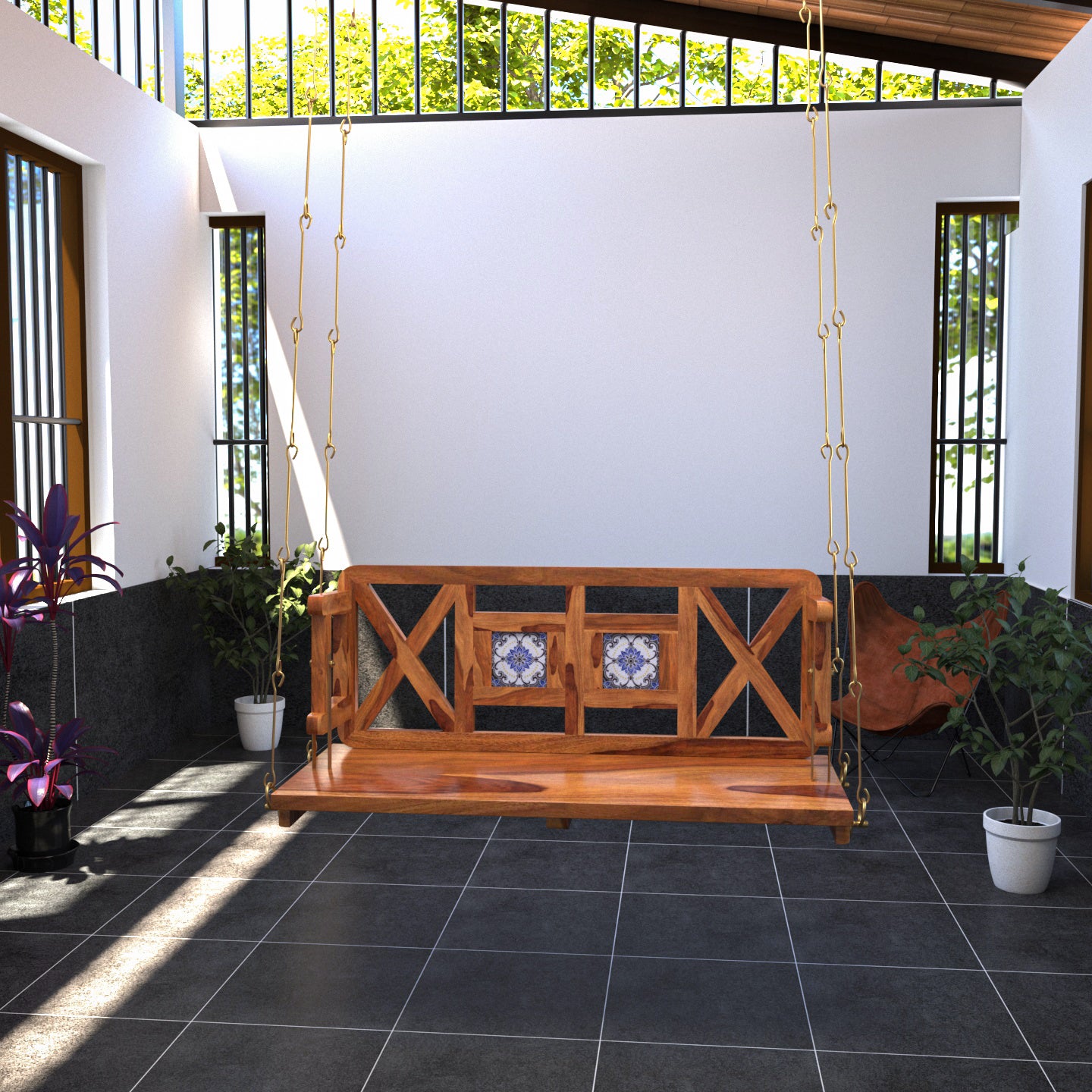 Modern Castle Style Tile Fitted Wooden Handmade Swing for Home Swing