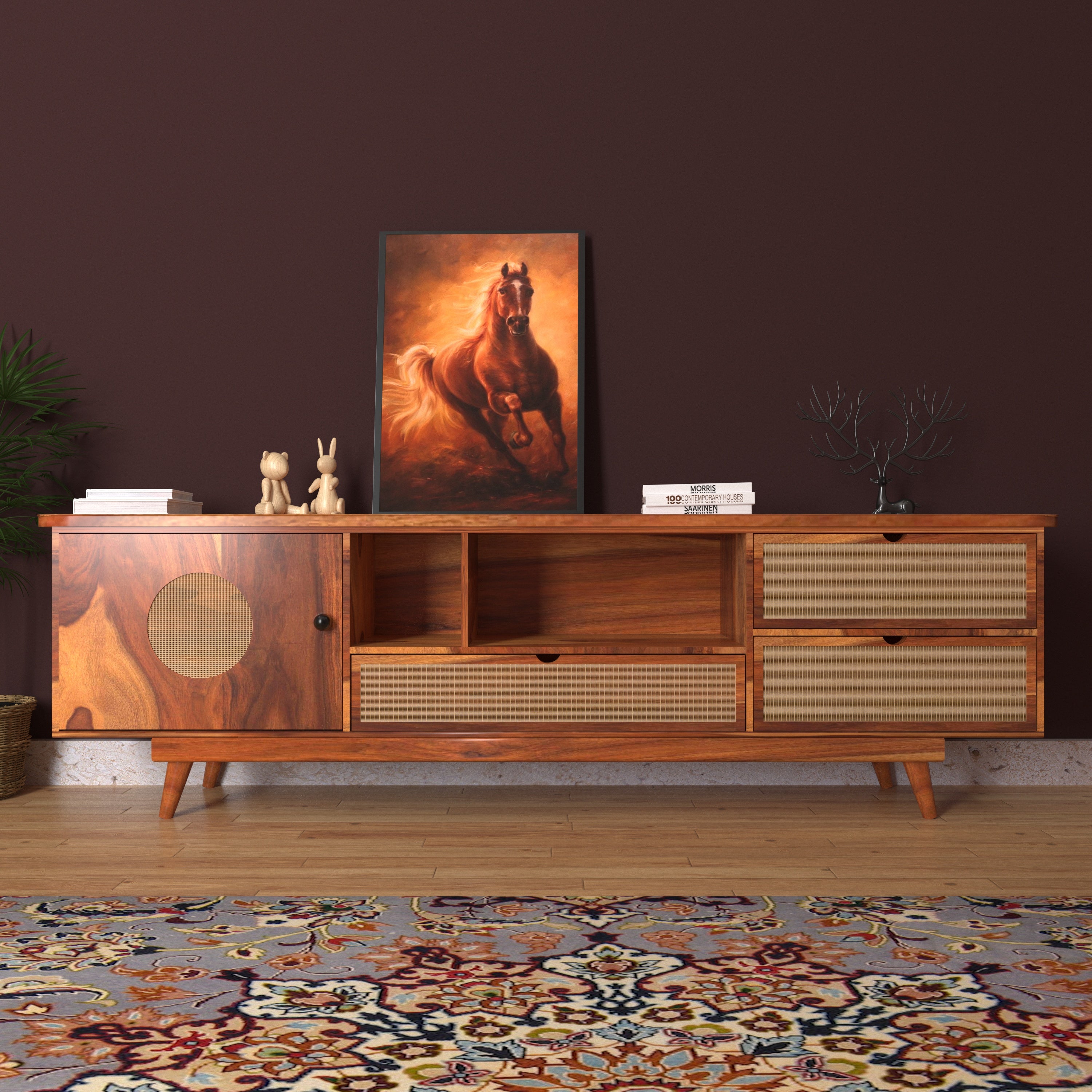 Antique Retro Light Finish Handmade Wooden Multistorage TV Stand for Home Tv stand