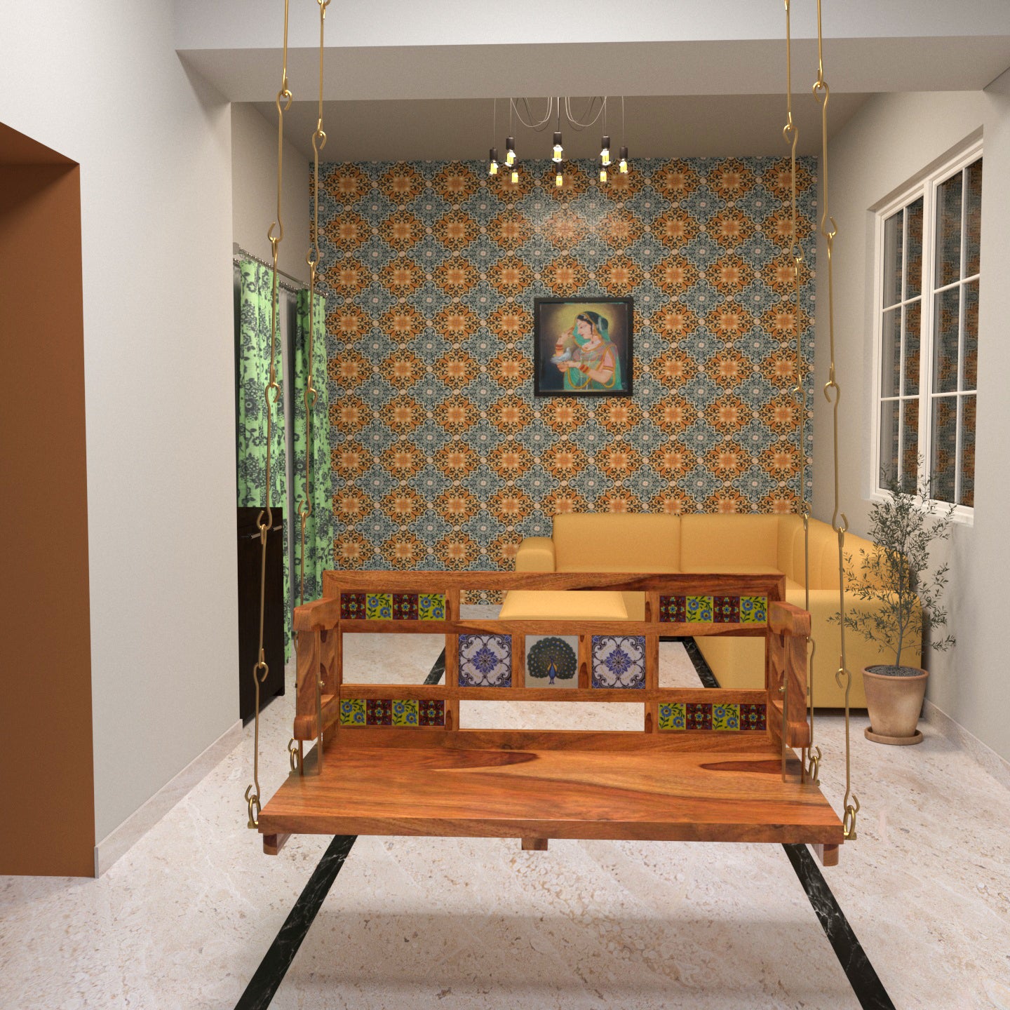 Heritage Tiles Fitted Large Handmade Wooden Swing for Home Swing